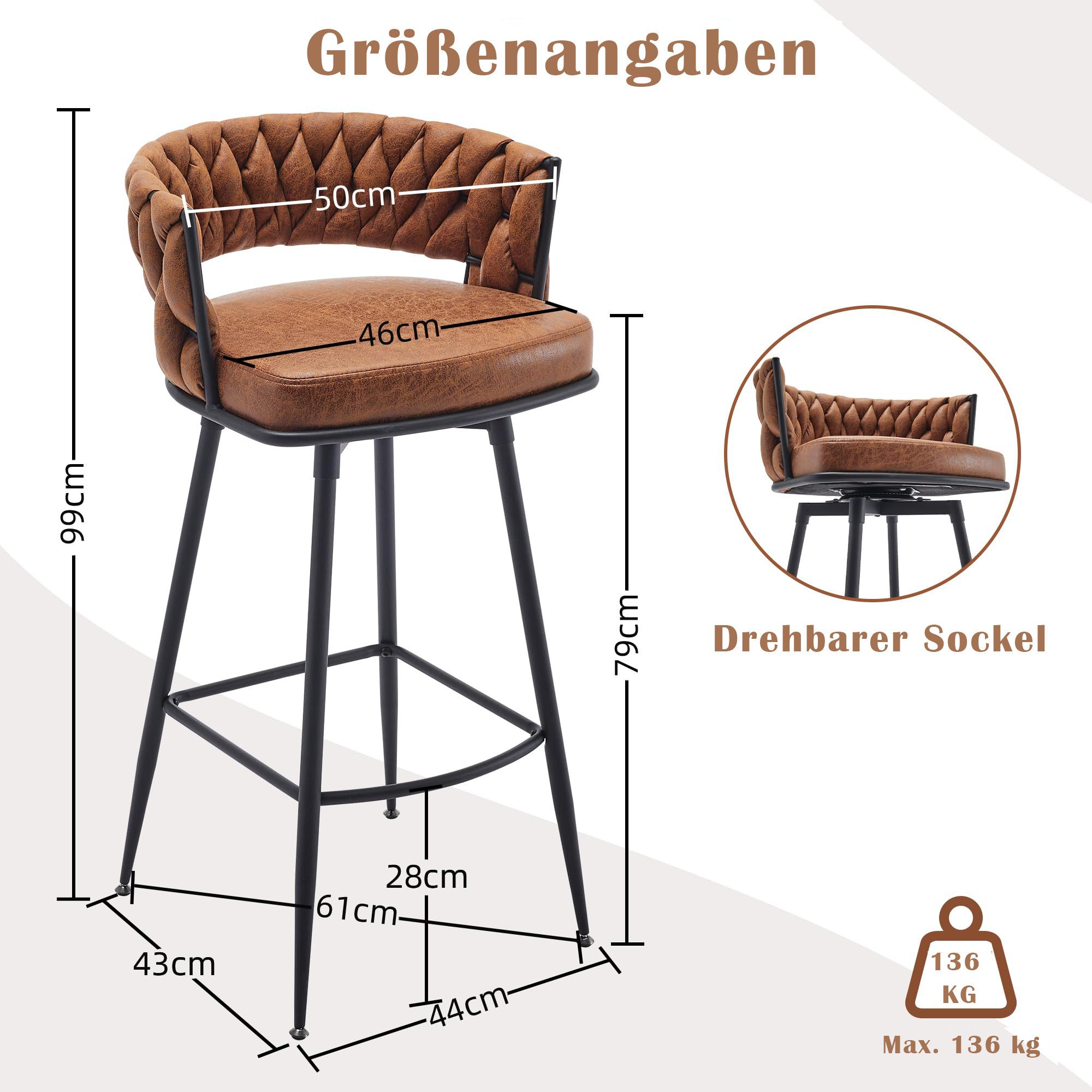 AISALL Barhocker PU-gewebter Drehhocker mit Rückenlehne, Küchenhocker, Barstuhl (2 St), mit Fußstütze, Sitzhöhe 79 cm – Bild 2 von 5
