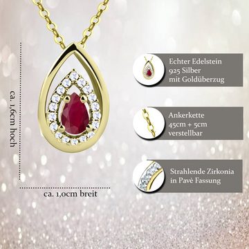 Limana Kette mit Anhänger echter Rubin Edelstein rot 925 Silber goldene Damen Goldkette (inkl. Herz Geschenkdose und Tasche), 45+5cm Schmuck für jeden Tag Geschenk Idee Frau Ehefrau Geschenk