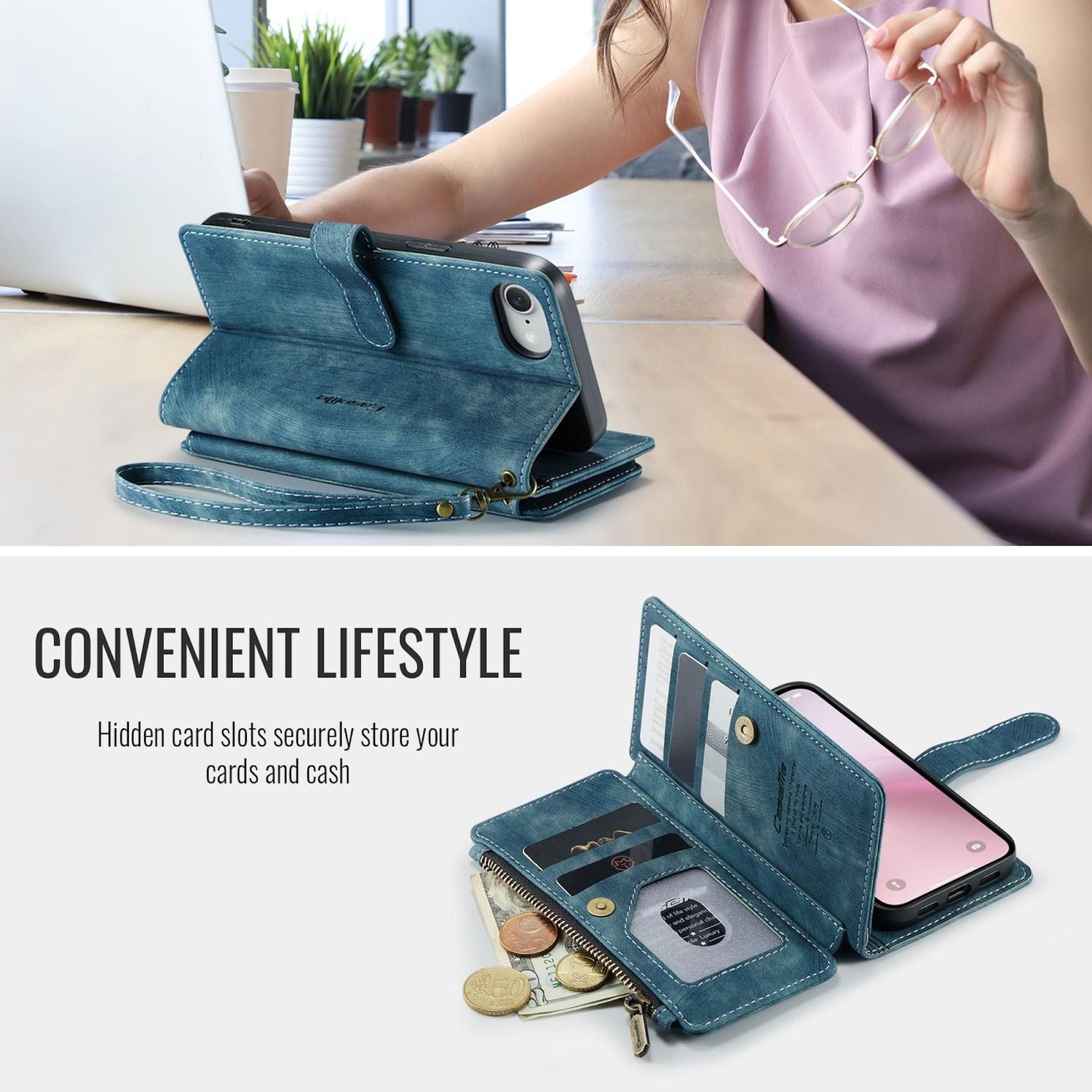 CaseMe Handyhülle Klapptasche für Apple iPhone 17e / 16e Kunstleder Multifunktion Zipper, Kunst-Leder Schutz Tasche Smart Case Multifunktion
