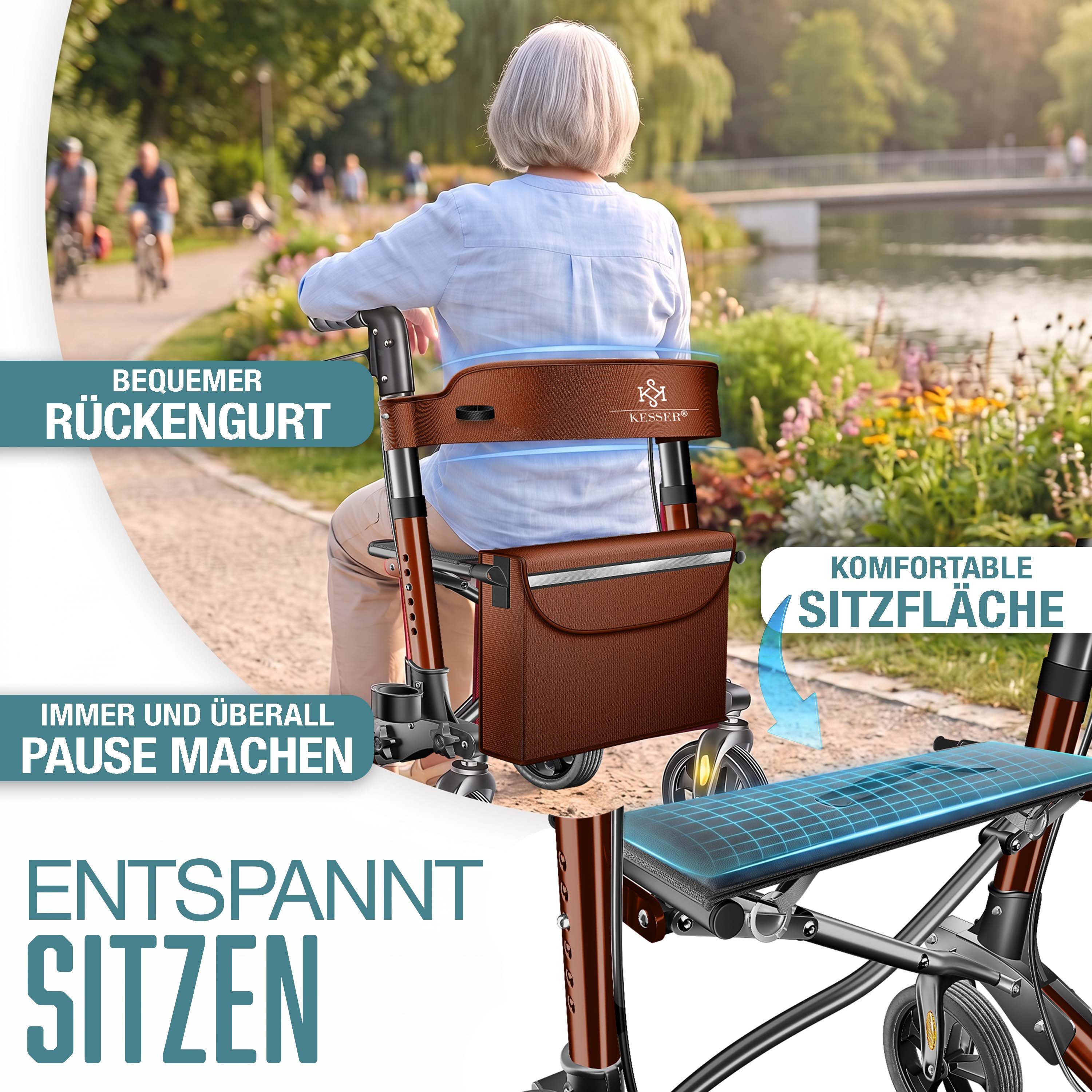 KESSER Rollator Aluminium – faltbar, höhenverstellbar & bis 136 kg belastbar, wetterbeständig, Tasche, Stockhalter, Reflektoren, 360° Gelände Reifen