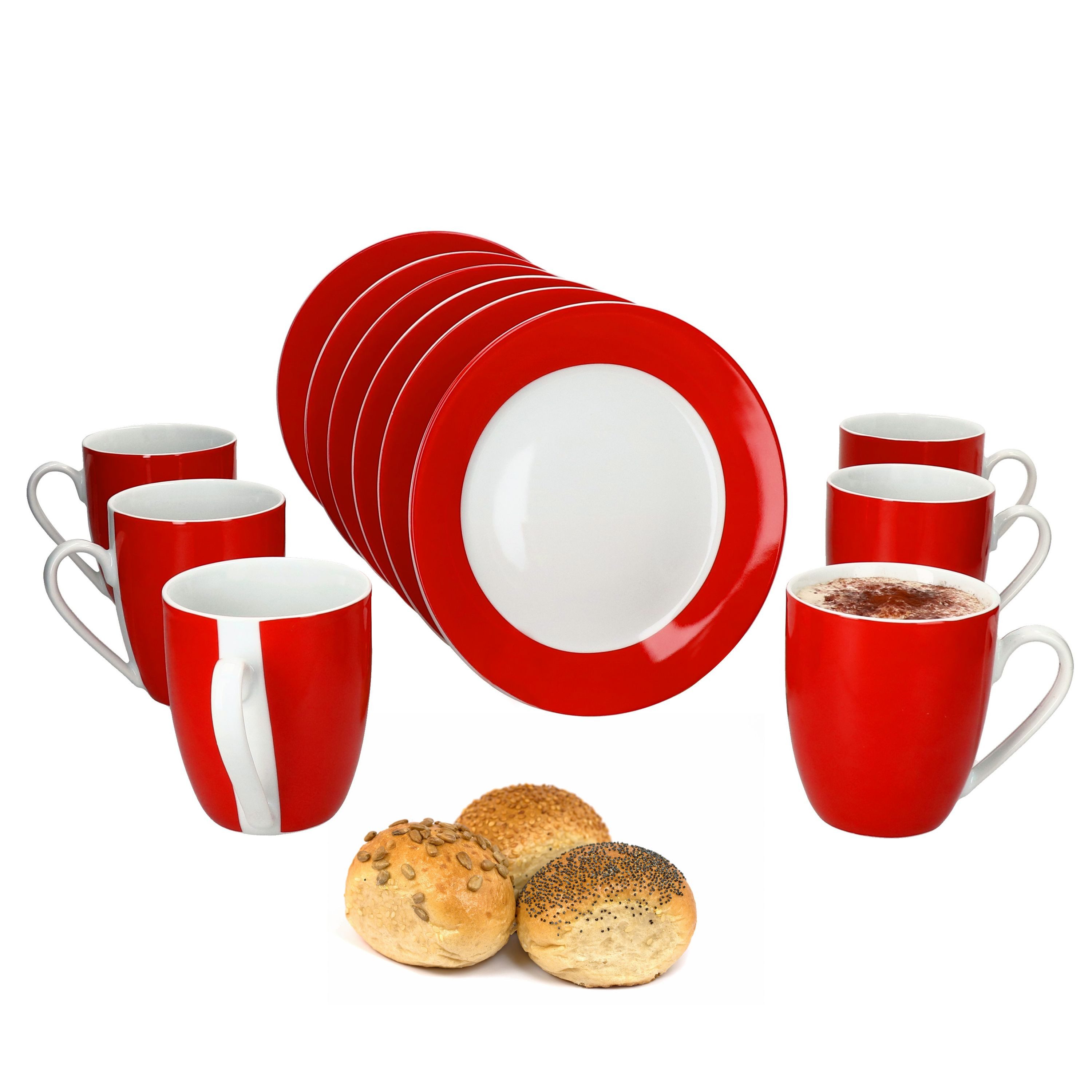 MamboCat Frühstücks-Geschirrset 12tlg Frühstücksset Variant Rot Porzellan 6 Personen Teller klein, Porzellan
