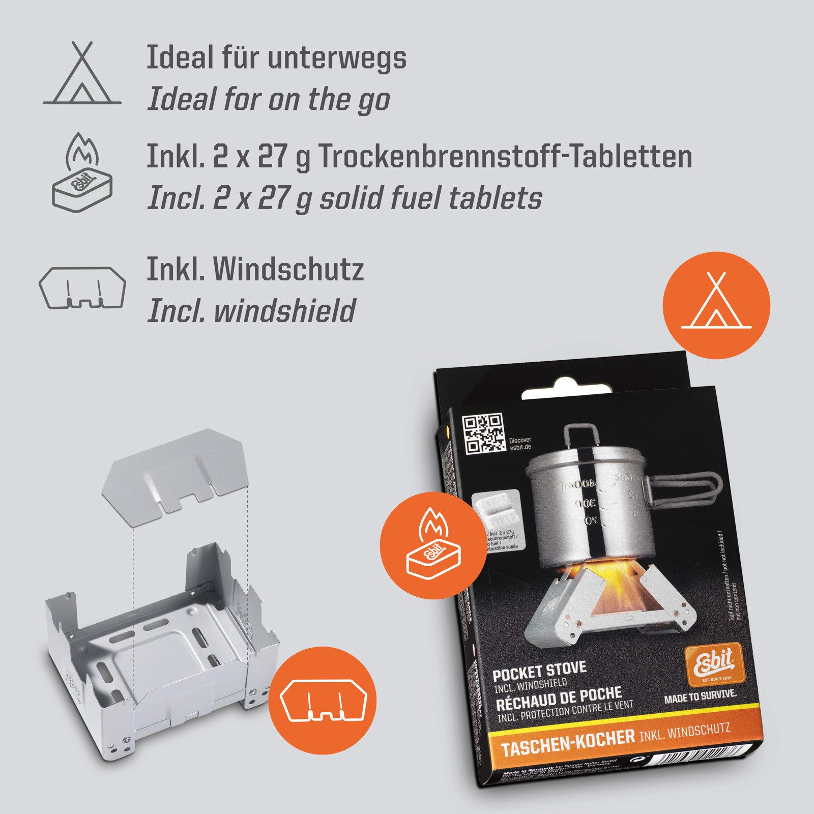 Esbit Gaskocher Trockenbrennstoff Taschenkocher Outdoor, Camping Kocher Klein Leicht 2x27 g