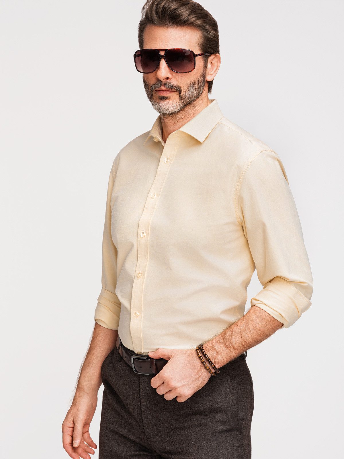 OMBRE Langarmhemd Herren Oxford Langarmhemd Regular Fit Light yellow XL (kein Set, 1-tlg) Melange-Oberfläche
