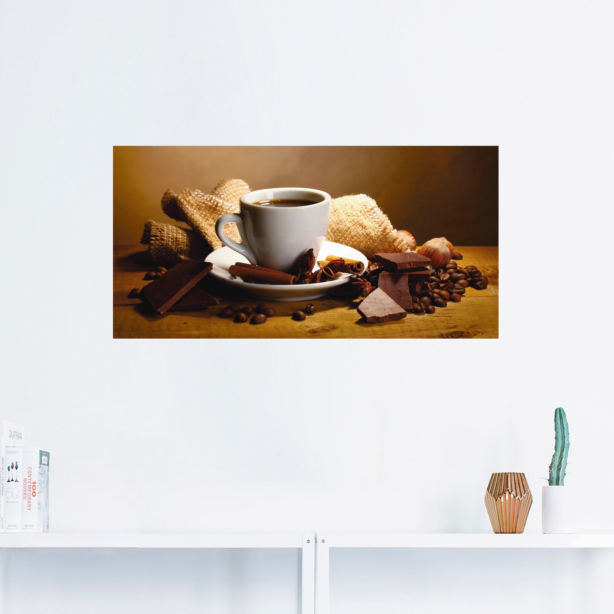 Artland Wandbild Kaffeetasse Zimtstange Nüsse Schokolade, günstig online kaufen