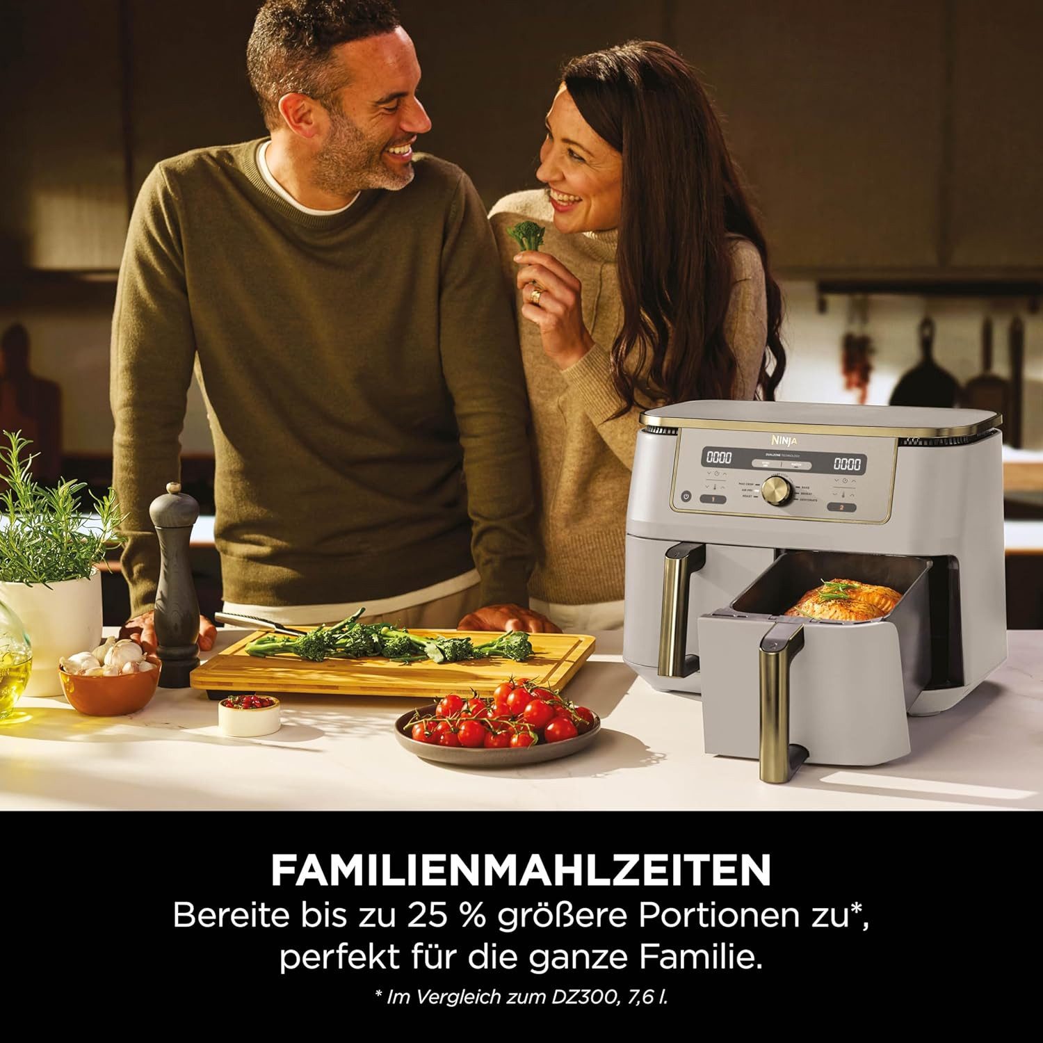 NINJA Heißluftfritteuse Dual Zone Digital Air Fryer DZ400EUSTGD Stone / Gold, Dual Zone Digital Air Fryer, 2 Schubladen 9,5L Stone/Gold DZ400EUSTGD