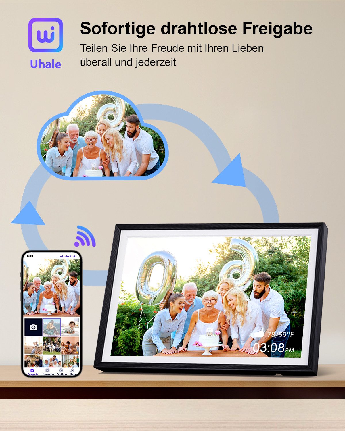 Fine Life Pro Digitaler Fotorahmen mit WiFi-Fotoübertragung. Digitaler Bilderrahmen (1280x800 Pixel, 32 GB, elektronischer Fotorahmen mit Uhale Foto/Video-Sharing)