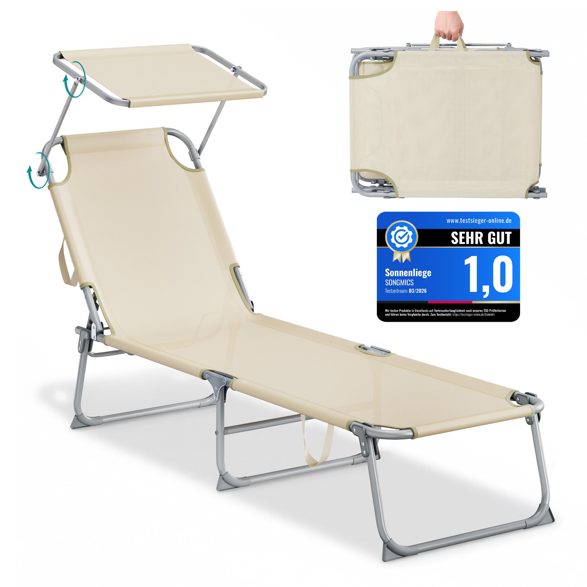 SONGMICS Gartenliege, Sonnenliege klappbar, belastbar bis 110 kg, verstellbare Sonnenblende
