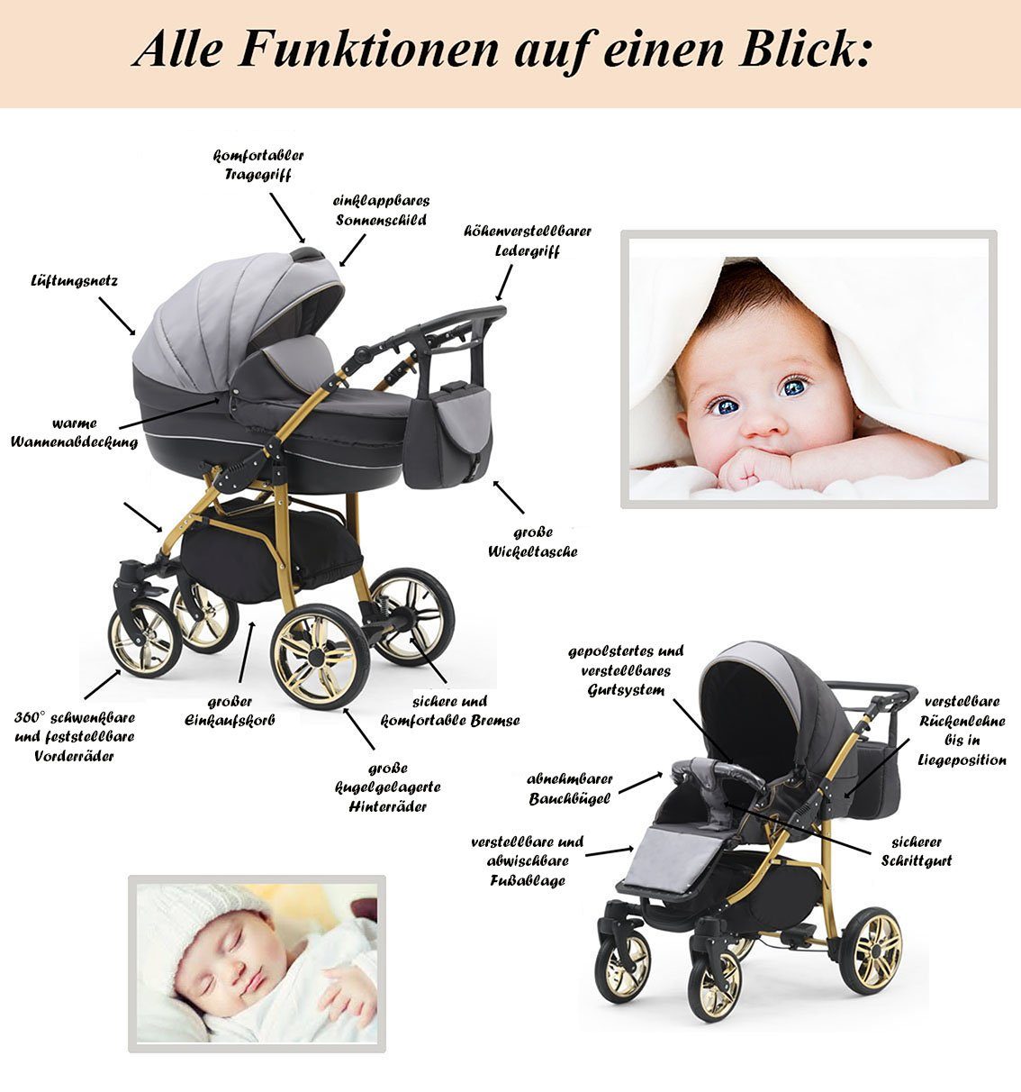 in 13 Kombi-Kinderwagen Gold 1 - 46 - Teile Hellgrau-Grau-Weiß Farben Cosmo Kinderwagen-Set ECO 2 in babies-on-wheels
