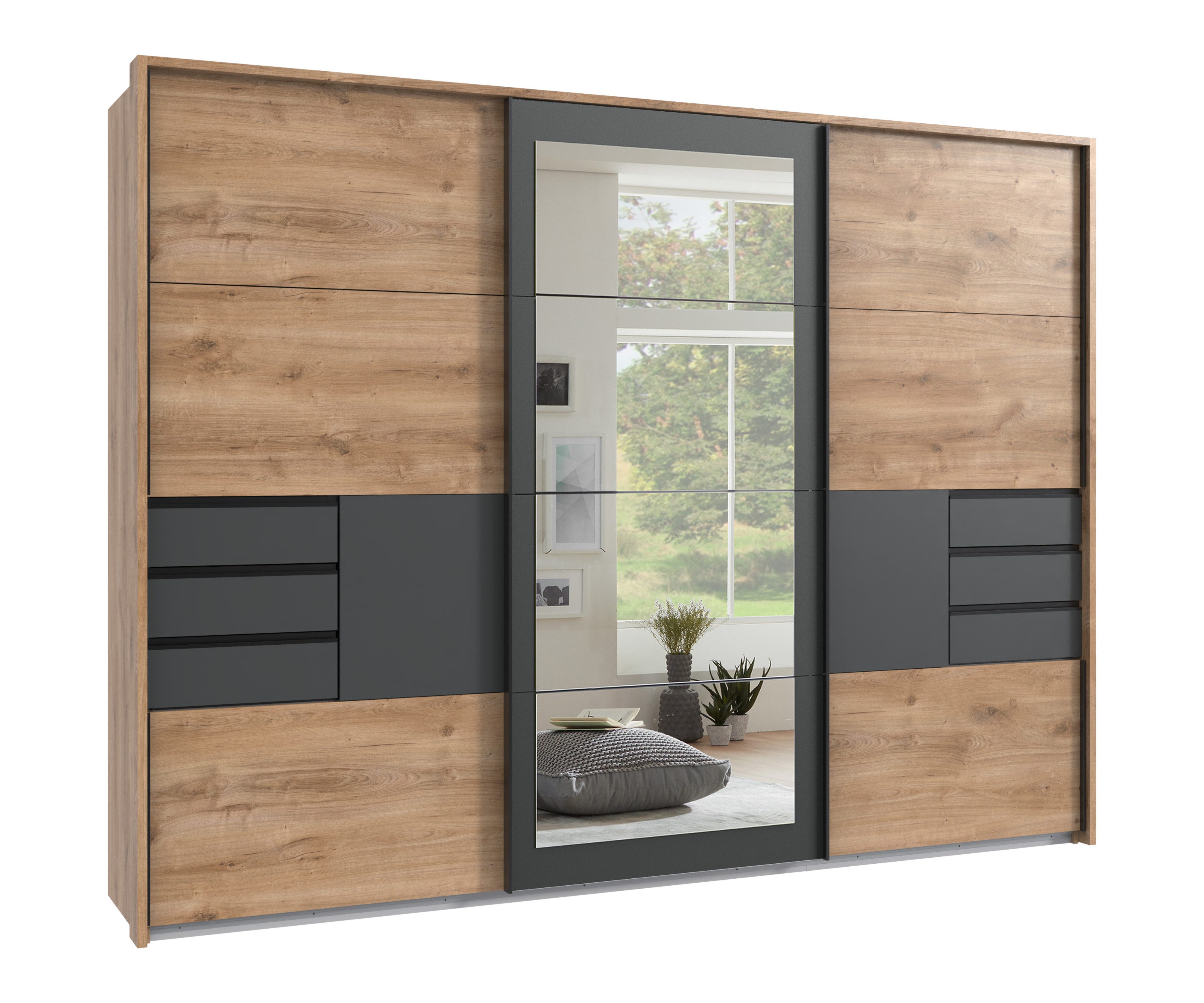 luma-home Schwebetürenschrank 22506 (B273/H213/T64 cm Kleiderschrank mit Vollausstattung, schwarzen Griffleisten) Passepart.,Schubladen,Rahmenspiegel, Eiche Dekor m. Absetzungen Grafit