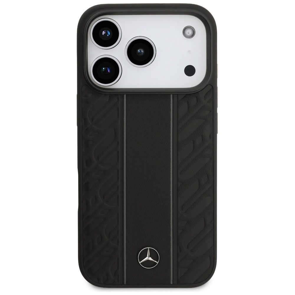 Mercedes Benz Handyhülle iPhone 17 Pro Echtleder schwarz Muster Logo Metall MagSafe 6,3 Zoll, Kantenschutz