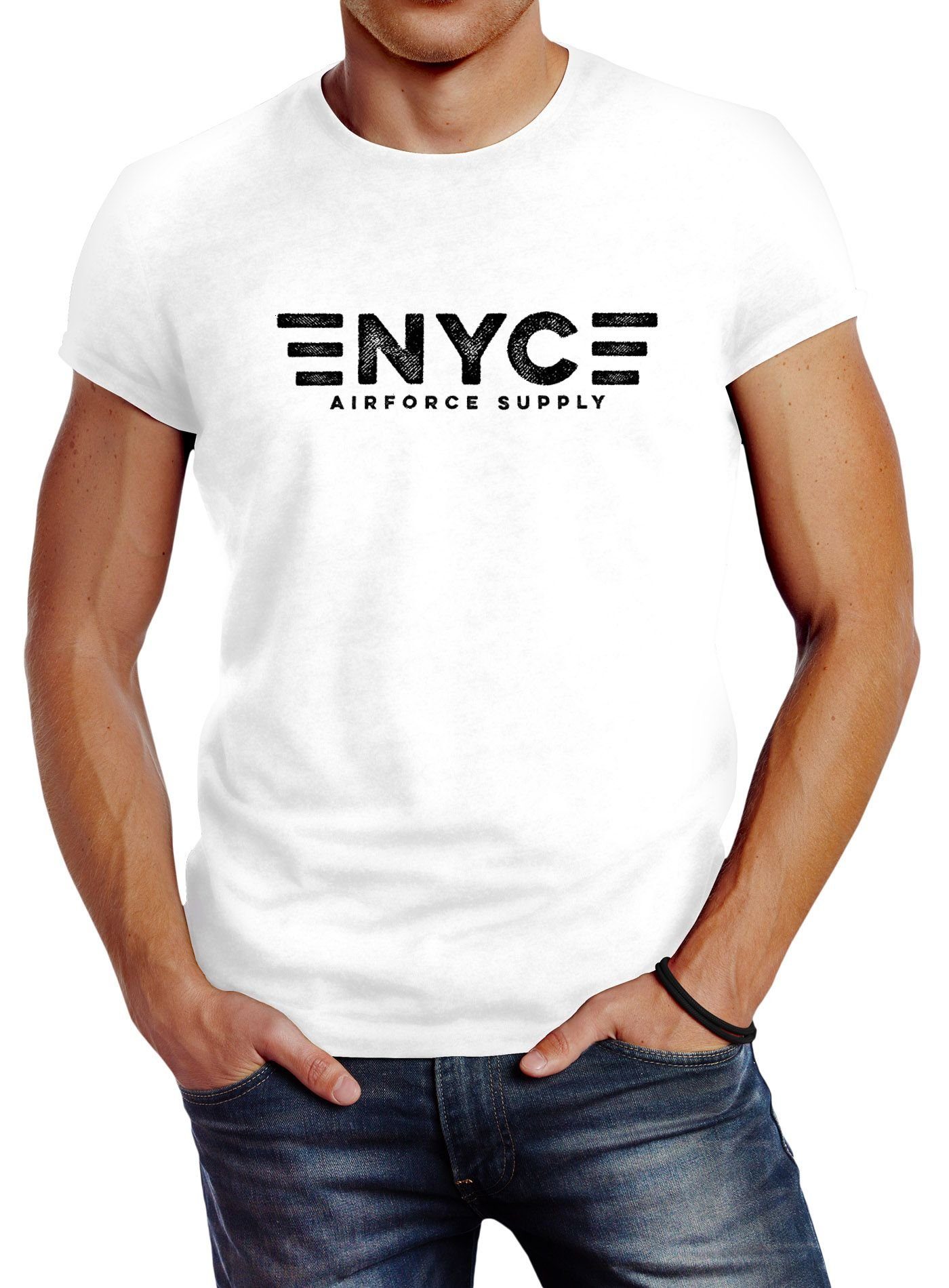 Neverless Print-Shirt Herren T-Shirt Aufdruck NYC New York City Airforce Supply Army Print Neverless® mit Print weiß