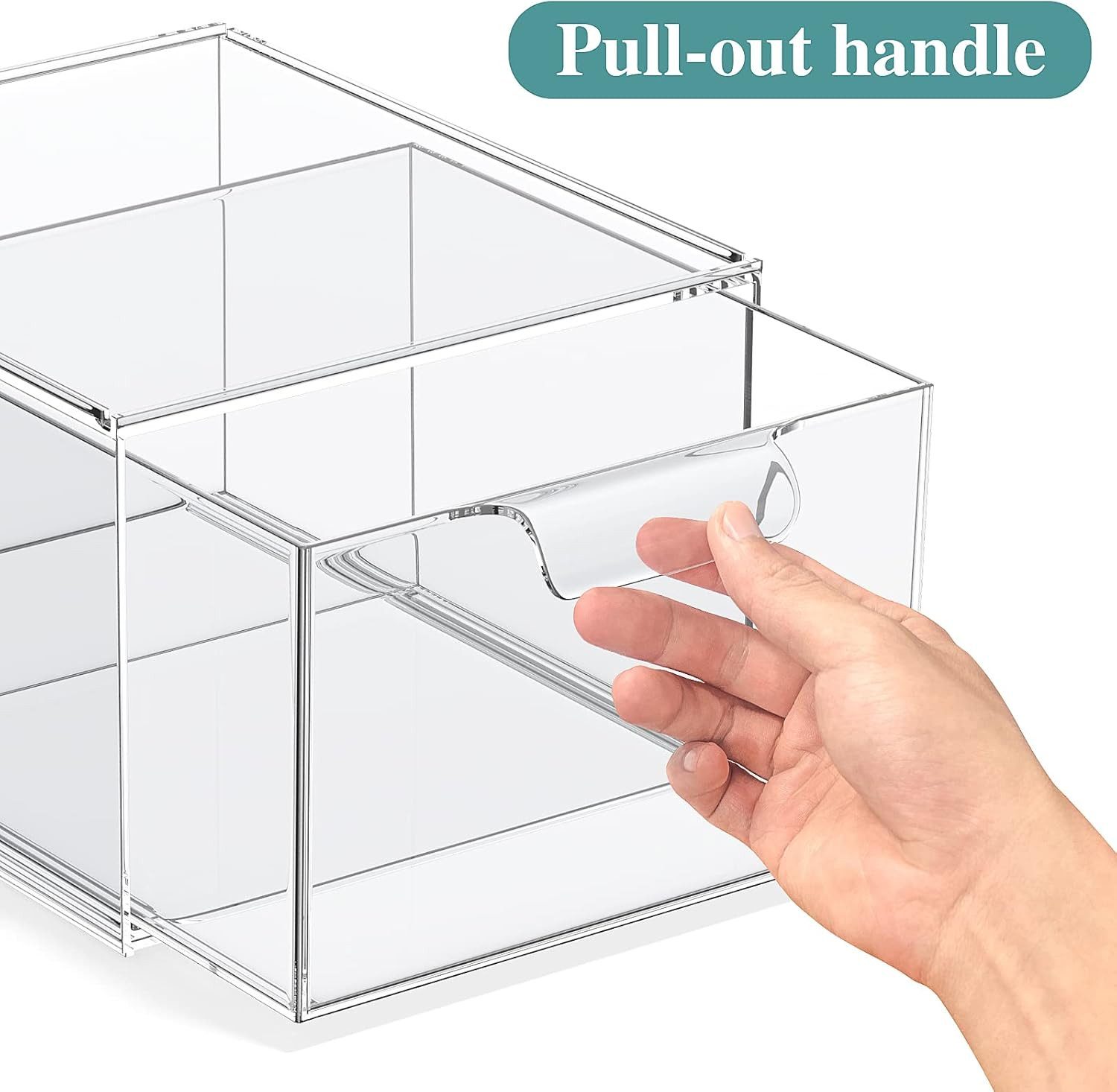 Refined Living Organizer 2er/4er/6er Set Stapelbare Acryl Make-up Organizer mit Ausziehgriffen (Acryl Aufbewahrungsschubladen, Kosmetik Organizer, Stapelbare Schubladenbox, Staubdichte Schubladen, Multifunktionale Aufbewahrung, Speisekammer,Transparentes Design, 2 St., BPA-freiem, Platzsparend, robustem, wasserdicht und staubdicht), für Schminktisch, Speisekammer, Schreibtisch, Unterschrank, Küche, Bad