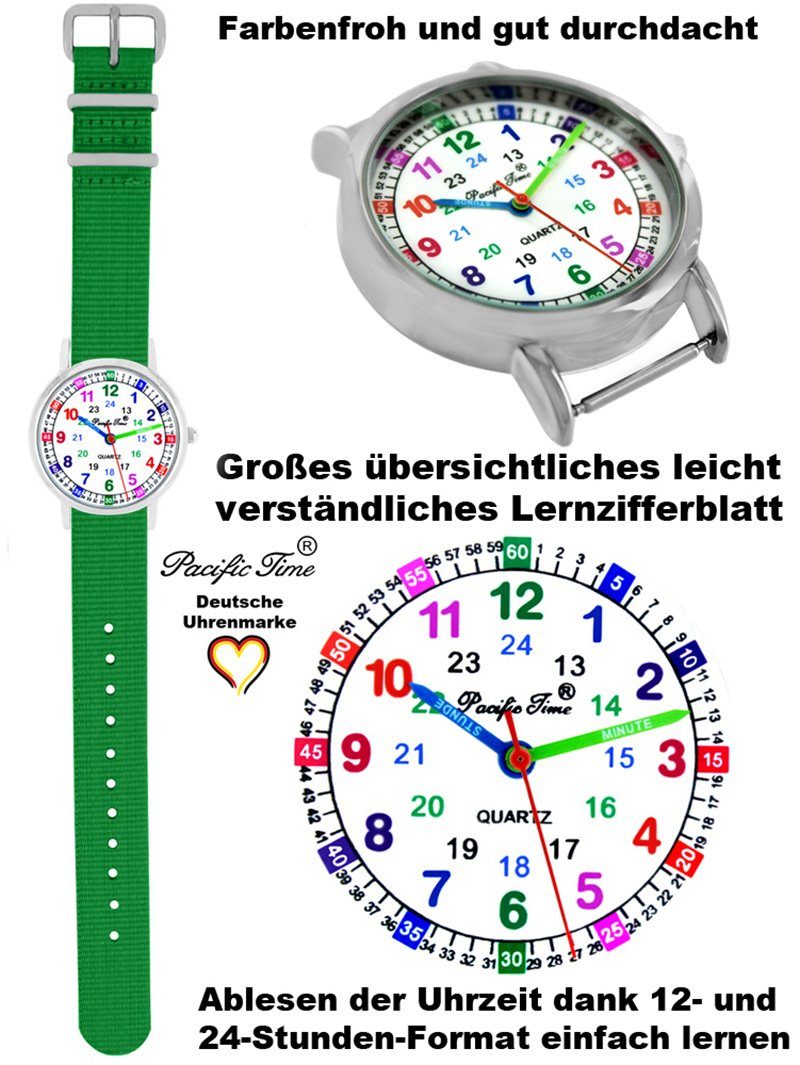 Kinder Match und Reflektor - Gratis Set grün Armbanduhr und Design Pacific pink Lernuhr Versand Wechselarmband, Mix Quarzuhr Time