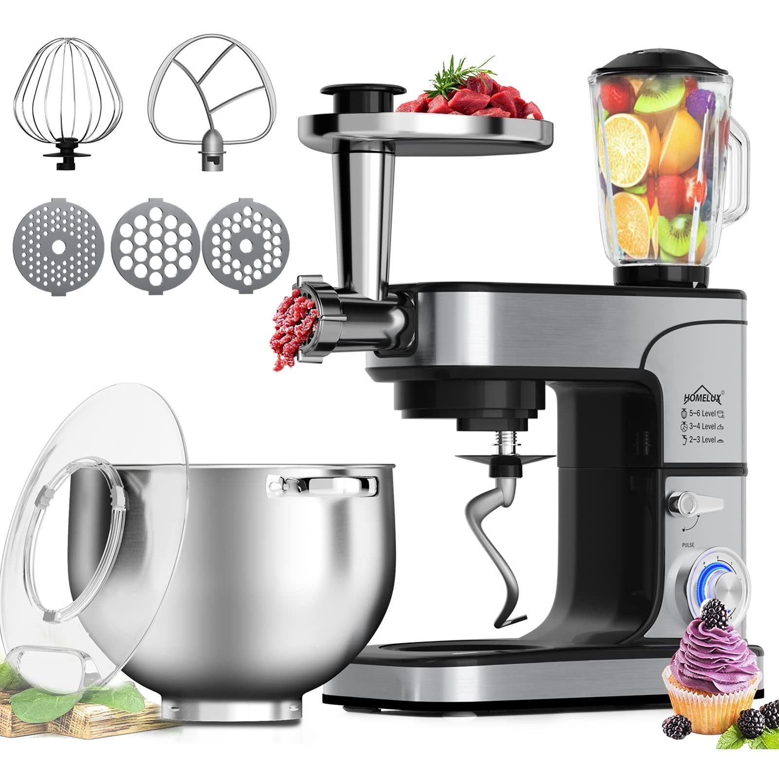 HOMELUX Küchenmaschine, 2500,00 W, 12,00 l Schüssel, inkl 6-Teiligem Patisserie-Set und Spritzschutz