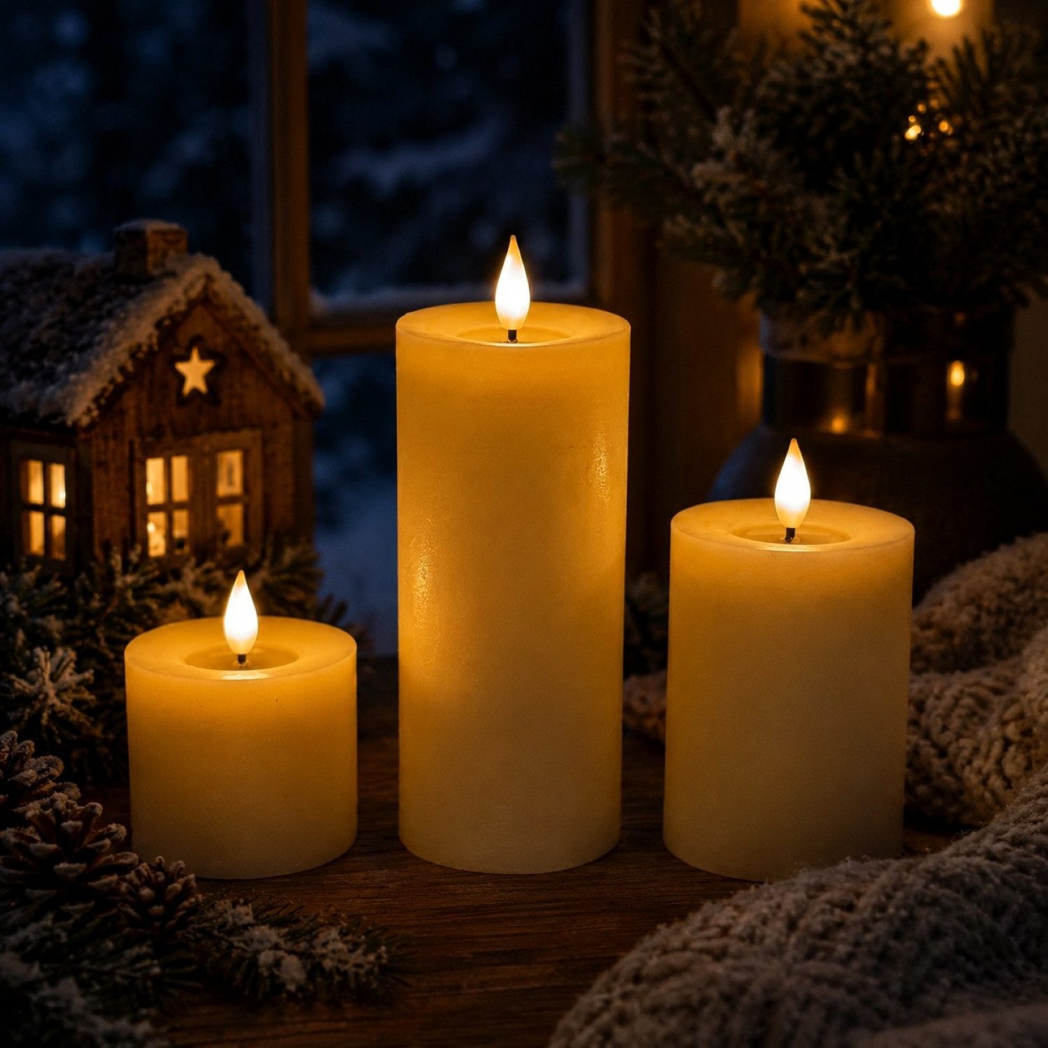 Online-Fuchs LED-Kerze 3 LED Kerzen aus Echtwachs mit Timer & Fernbedienung - Creme, Beige, realistische Kerzenflamme mit Wachsschicht, warmweiß, täuschend echte LED-Flammenoptik - 464