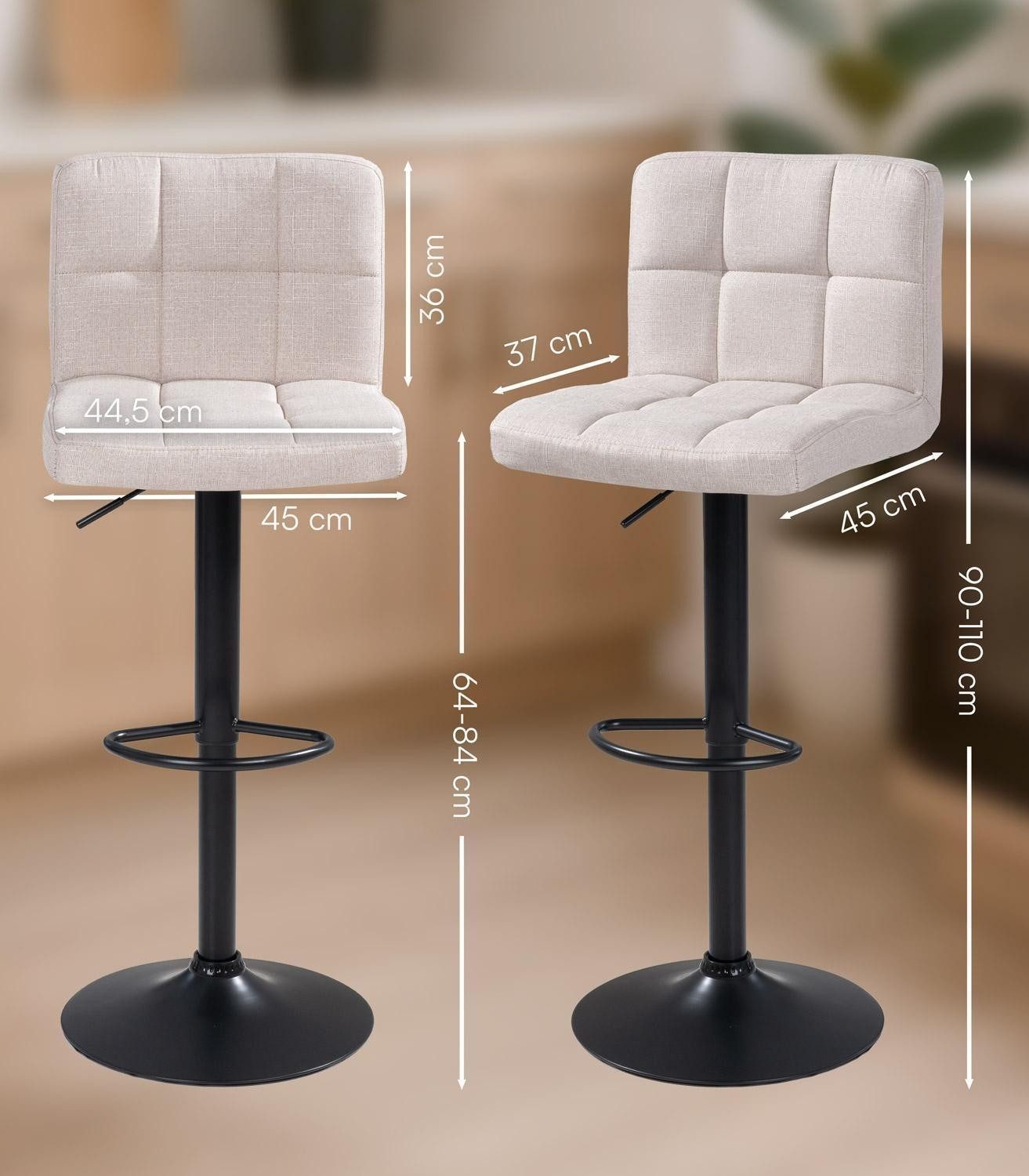 Home4You Barhocker, Beige, Schwarz, Webstoffbezug, Metallgestell, Höhenverstellbar, B 45 x H 94 x T 45 cm