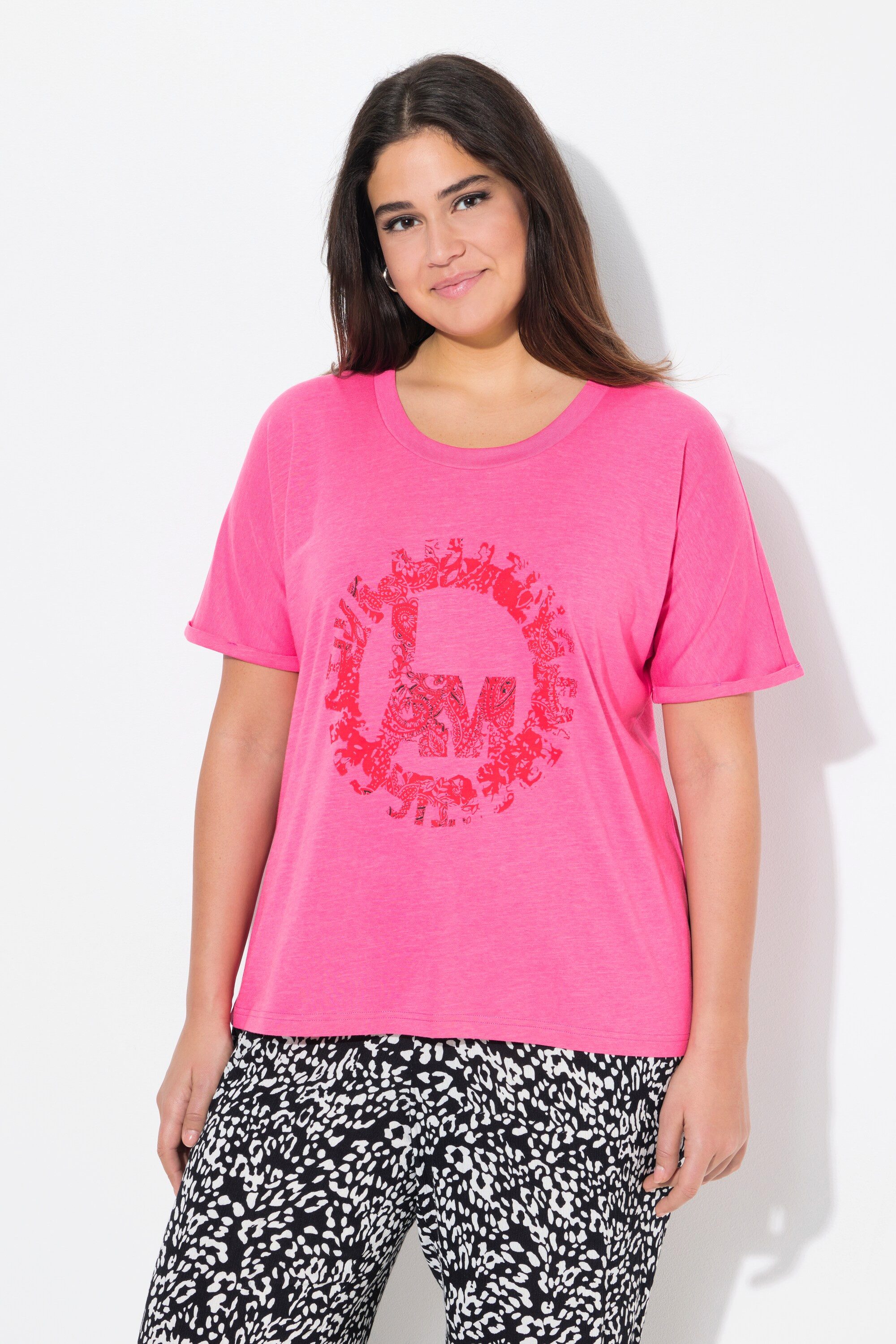 Ulla Popken T-Shirt T-Shirt runder Aufdruck Oversized Rundhals Halbarm