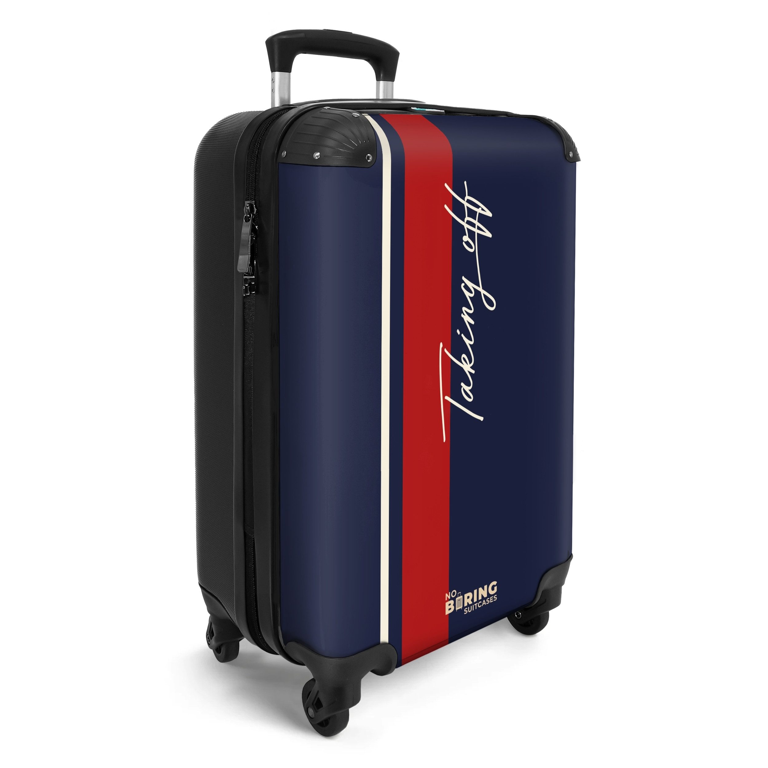NoBoringSuitcases.com© Hartschalen-Trolley Dunkelblauer Hintergrund mit rotem und weißem Streifen und Text Taking, Reisekoffer mit 4 Rollen, Carry on luggage, M – Bild 2 von 5