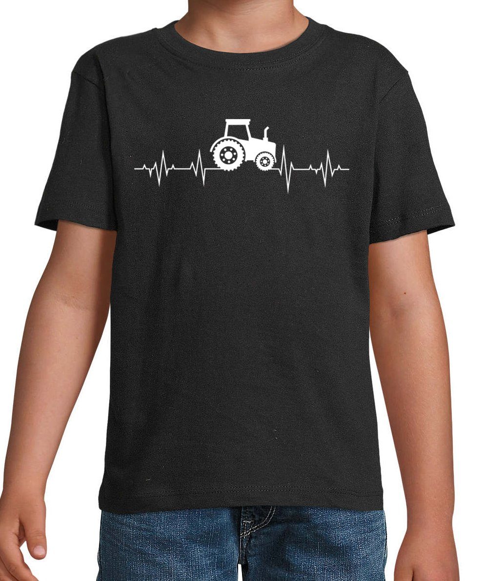 Frontprint Shirt trendigem Traktor Schwarz Youth mit Kinder T-Shirt Designz Heartbeat