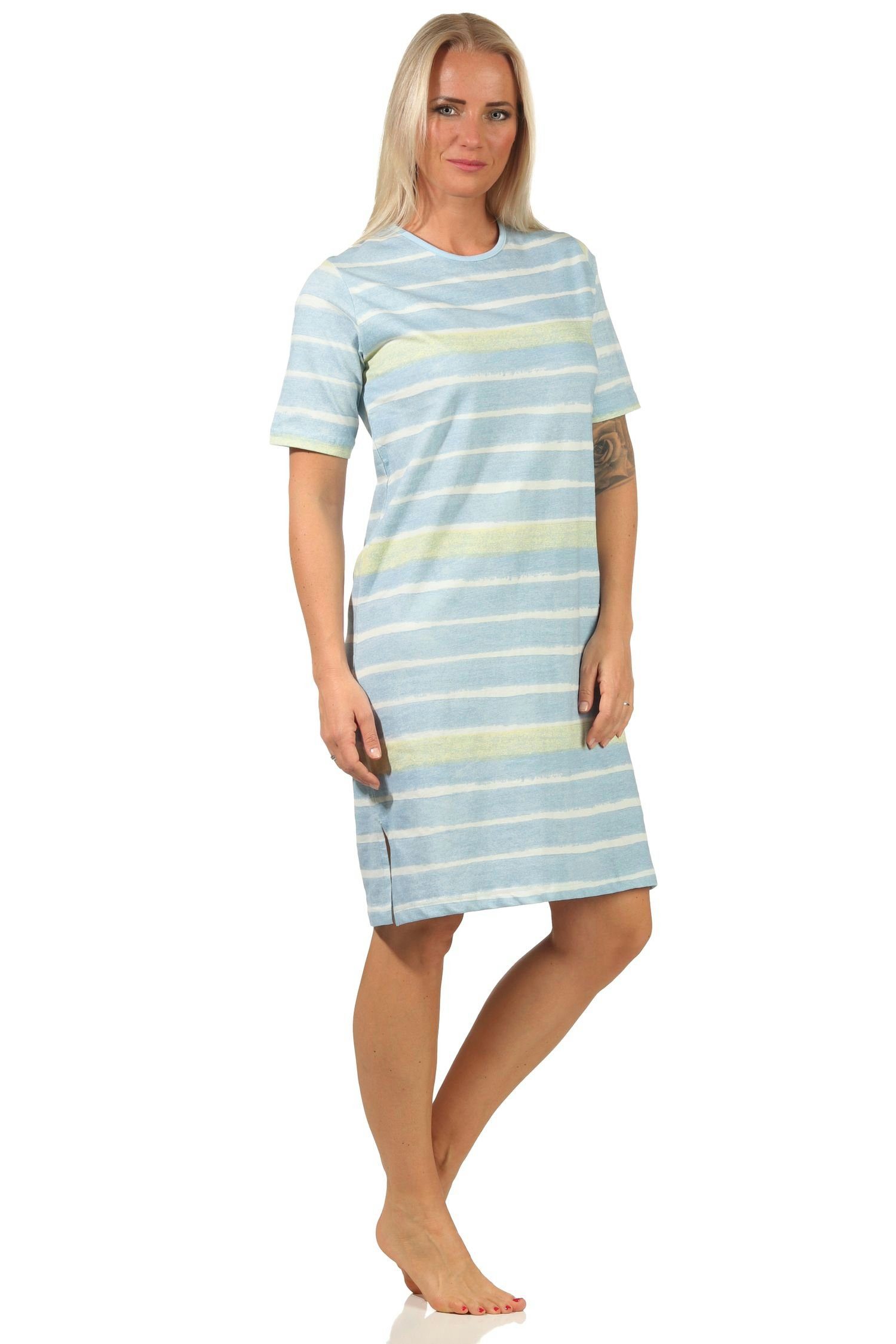464 112 Nachthemd – Normann hellblau kurzarm Look im Streifen Damen farbenfrohen Nachthemd