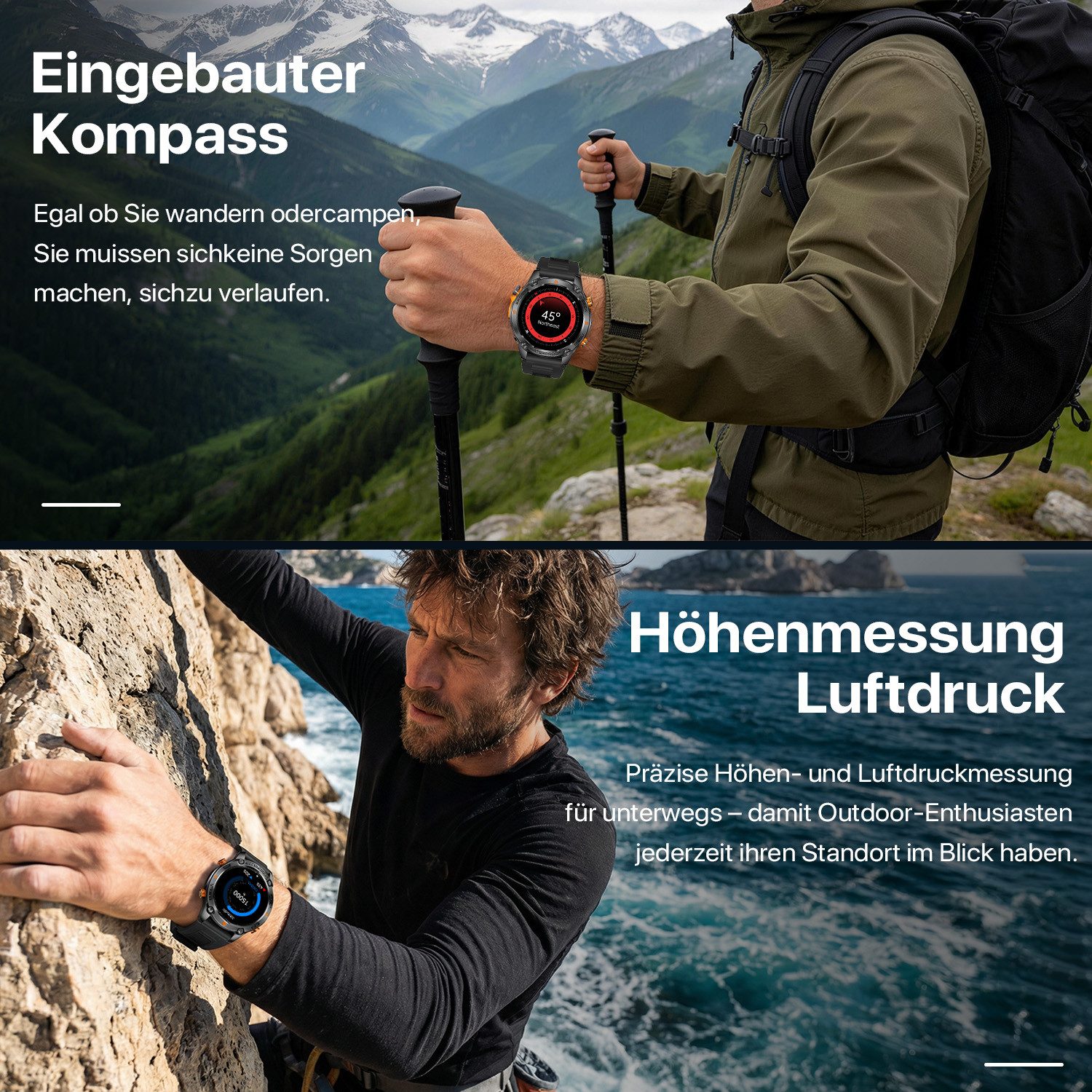 ANYSUN Smartwatch Herren Damen mit GPS, 1,43" AMOLED für den Outdoor-Einsatz Smartwatch (1,43 Zoll) Sportuhr mit 100+ Sportmodi-Puls-Schlaf-Schritte-Kalorien-Kilometer-Monitor, 5 ATM wasserdicht Fitnessuhr für Android iOS