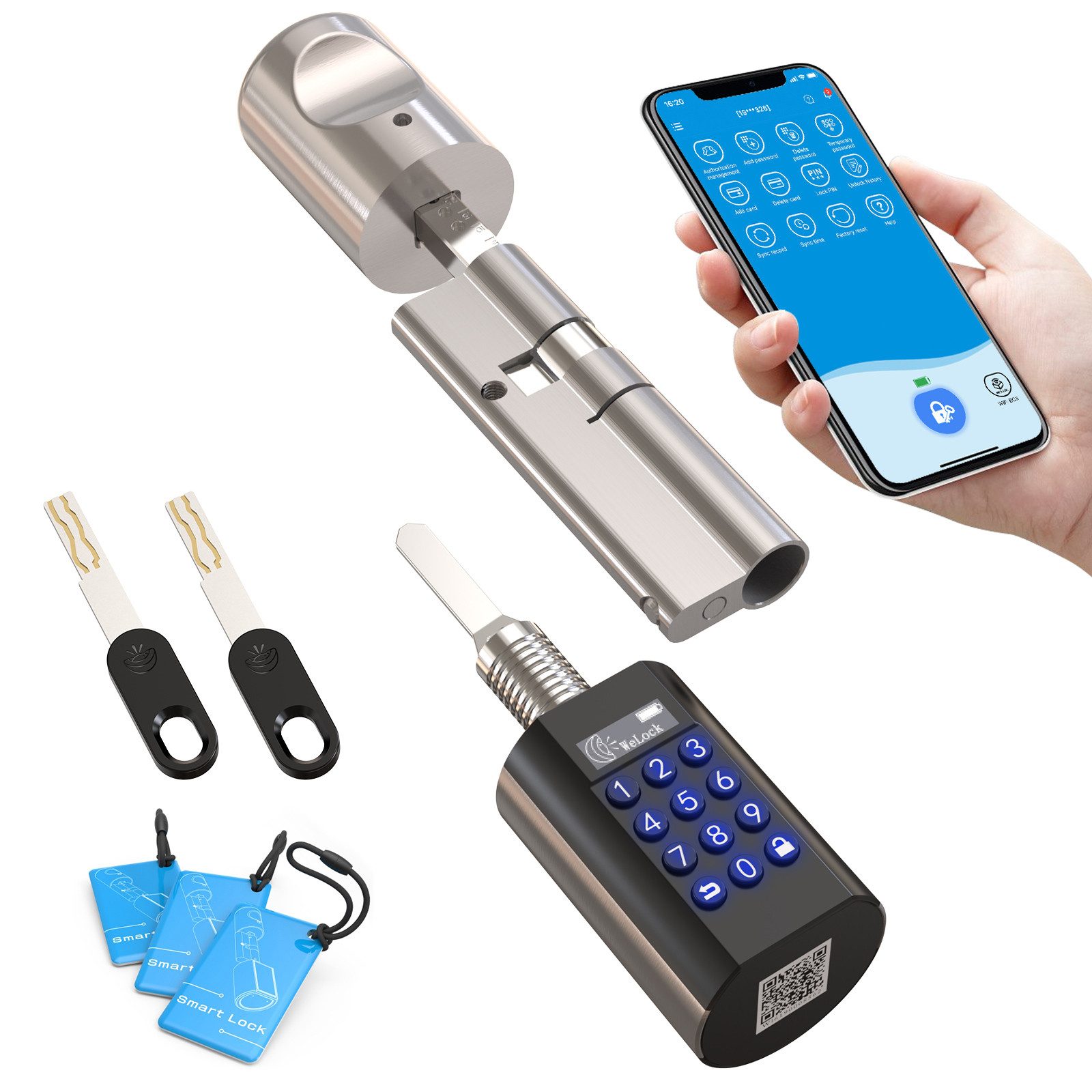 WE.LOCK Türschlossantrieb WELOCK Elektronisches Türschloss PCB10KEY72 für 95-130mm Türen, (Packung, Türschloss x1, RFID-Karte x3, Schlüssel x2, Anleitung x1,Zubehörbox x1), Dauer-/Temp-Passwort, RFID, App, Schlüssel, Fernöffnung