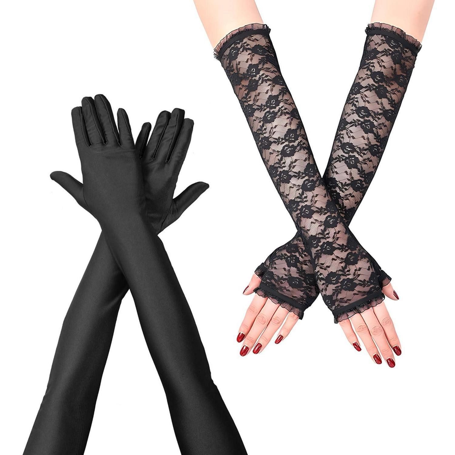 LuxusKollektion Abendhandschuhe Handschuhe Lang 2 Paar Schwarz Spitze Fingerlos (1-St)