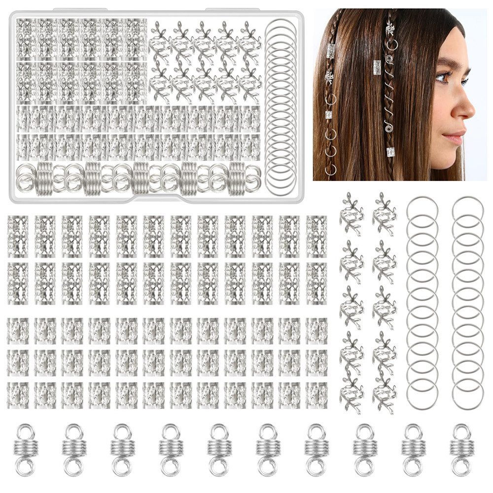 CLTYQ Haarklammer 100 Stück Dreadlocks Schmuck Haarschmuck Silber für Zöpfe, Verstellbar Cuffs Haarperlen Haarspiralen für Braids Zubehör Dekoration, 100-tlg., Verstellbar Cuffs Haarperlen Haarspiralen für Braids Zubehör