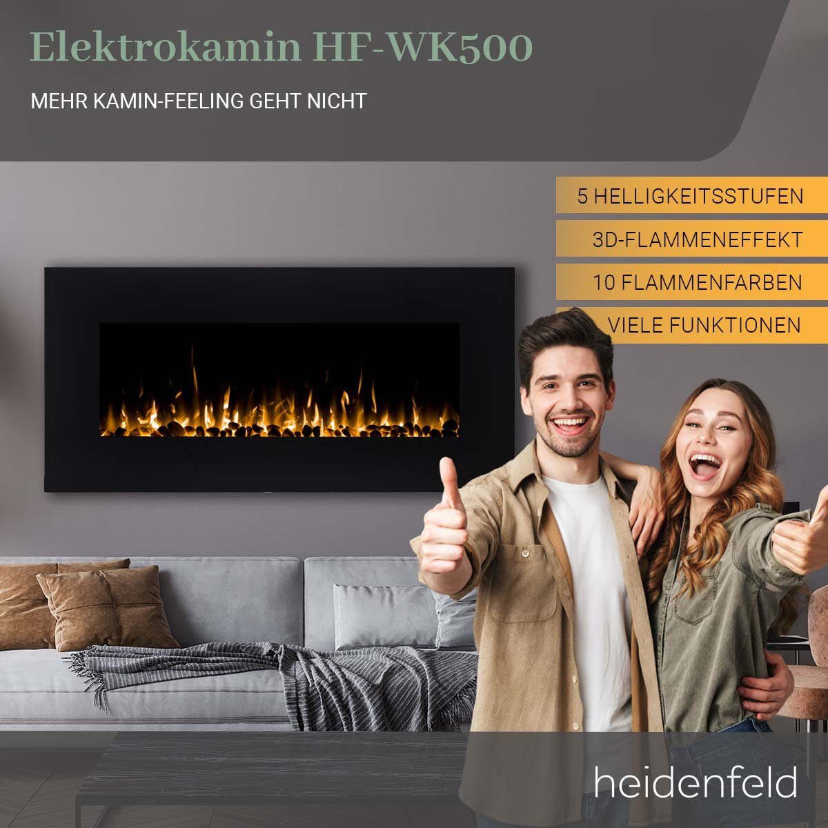 Watt Heidenfeld Wandkamin - - HF-WK500 Kamin Bluetooth Elektrokamin 750/1500 Garantie - Heizung Fernbedienung Flammen J. 3D Lautsprecher Elektroheizung inkl. LED, 3