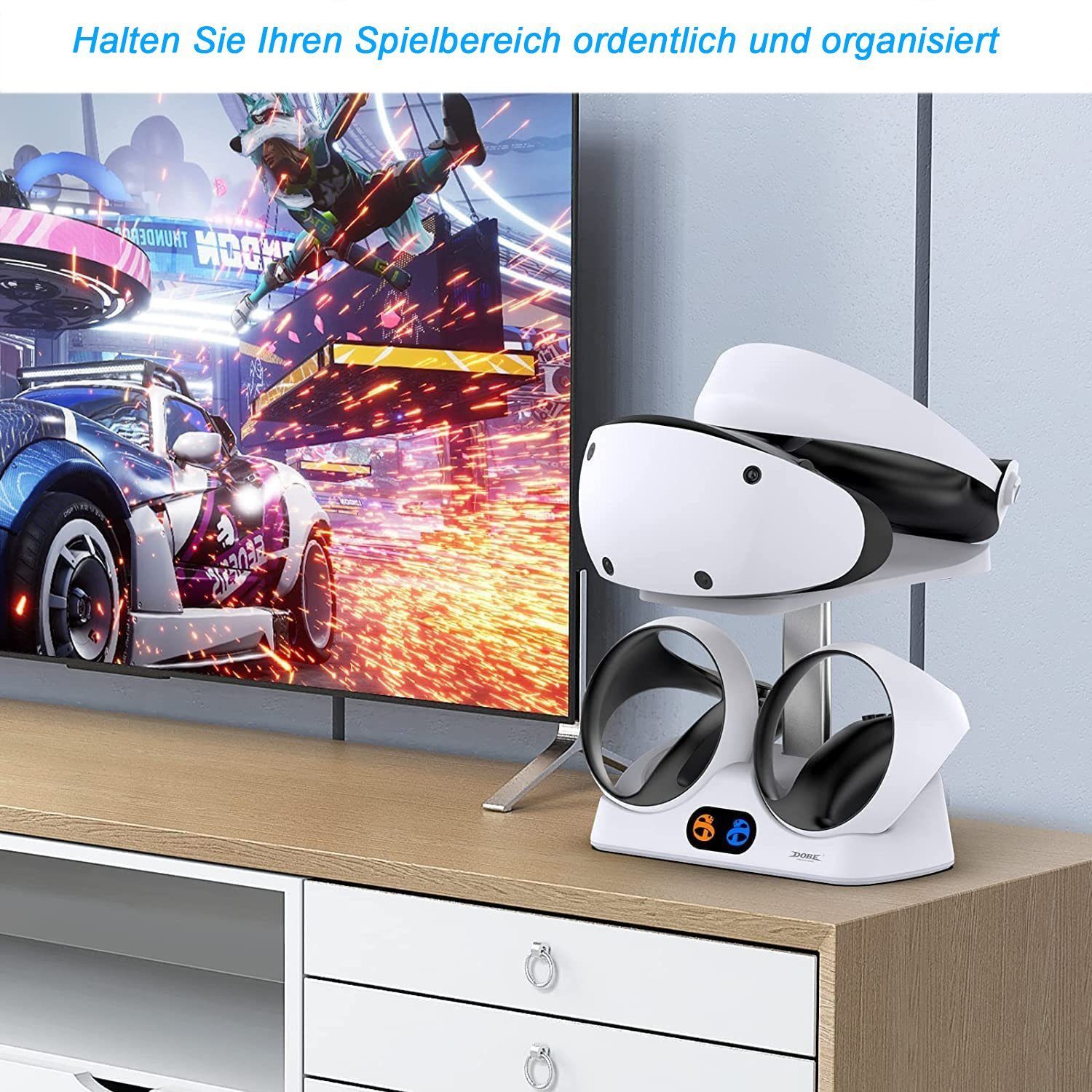 feinlux Ladestation für PS VR2 Controller Ladeschale (2000 mA, Set, PS VR2 Ladestation Ladestation, mit Headset Ständer, mit LED Licht, Typ C Kabel)