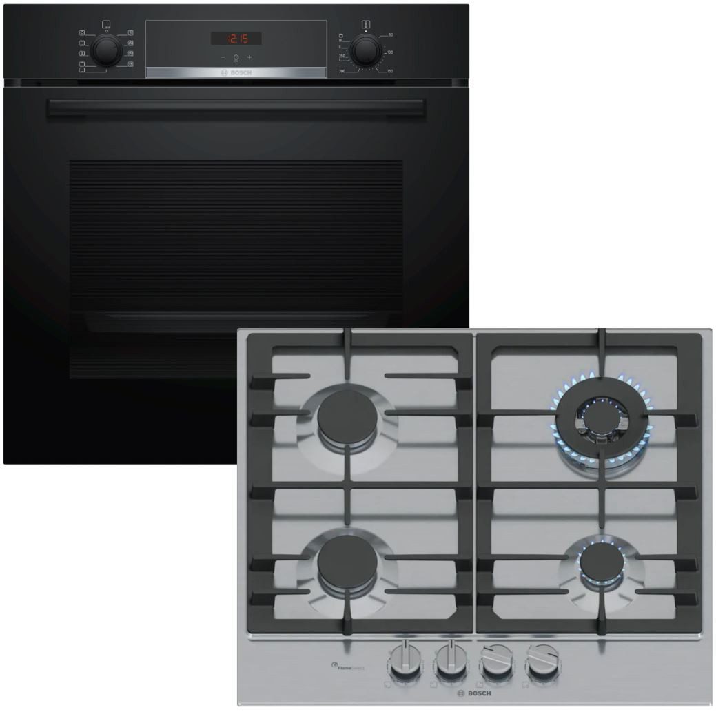 BOSCH Backofen-Set Backofen Hydrolyse Pizzafunktion + Gaskochfeld FlameSelect Edelstahl, mit 1-fach Teilauszug