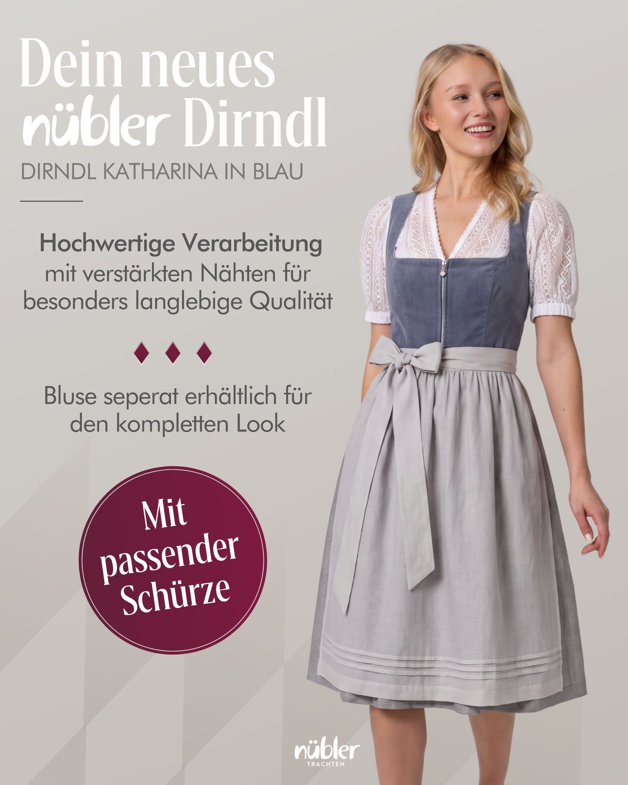 Nübler Trachtenkleid Midi Dirndl Katharina in Blau von Nübler - Rocklänge 60 cm – Bild 2 von 5