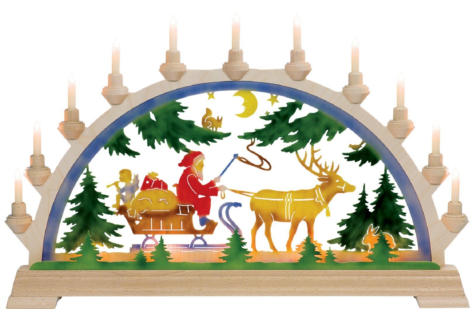 Kunstgewebe Taulin Schwibbogen Motiv Nikolaus mit Vorbeleuchtung, Handarbeit aus dem Erzgebirge