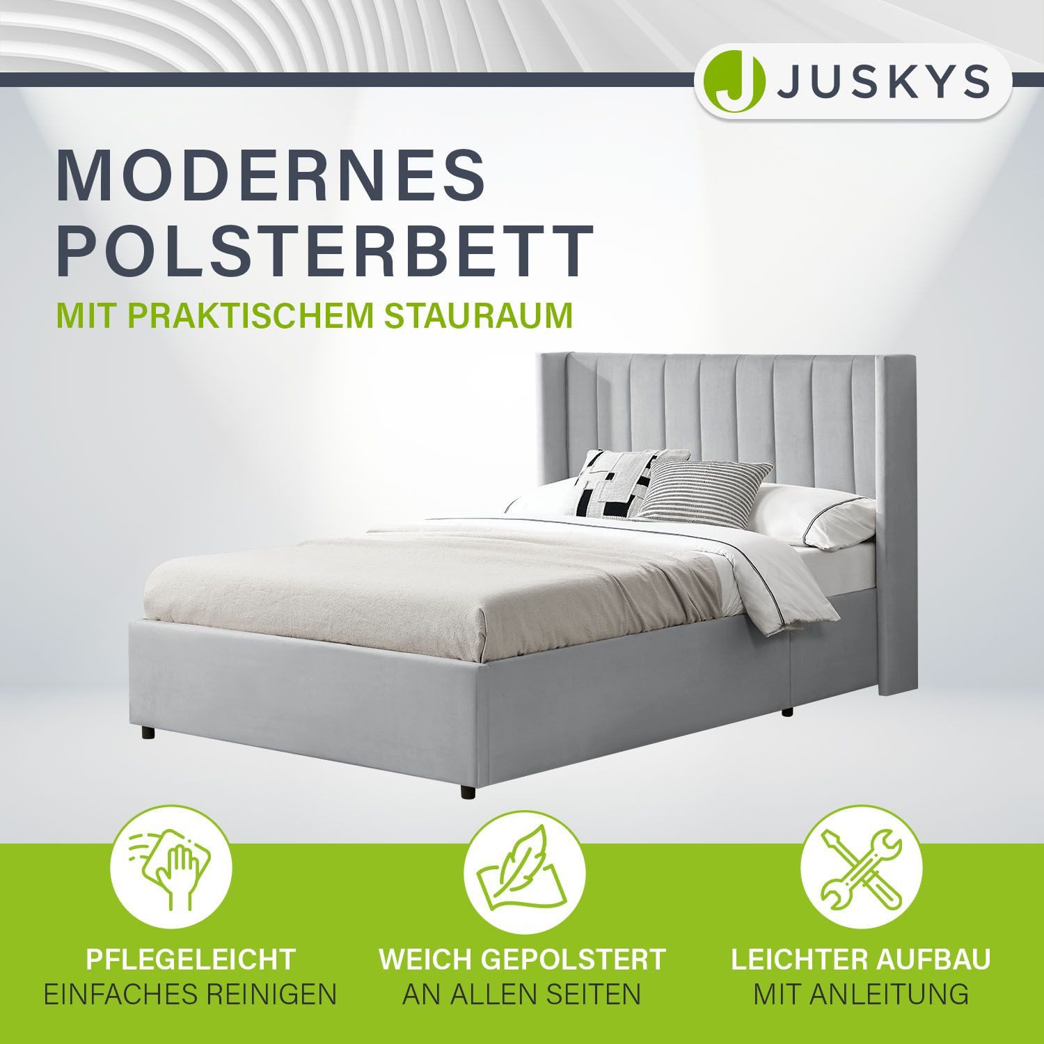 Juskys Polsterbett Savona, großer Stauraum, mit Gasdruckfeder, weicher Samt-Bezug