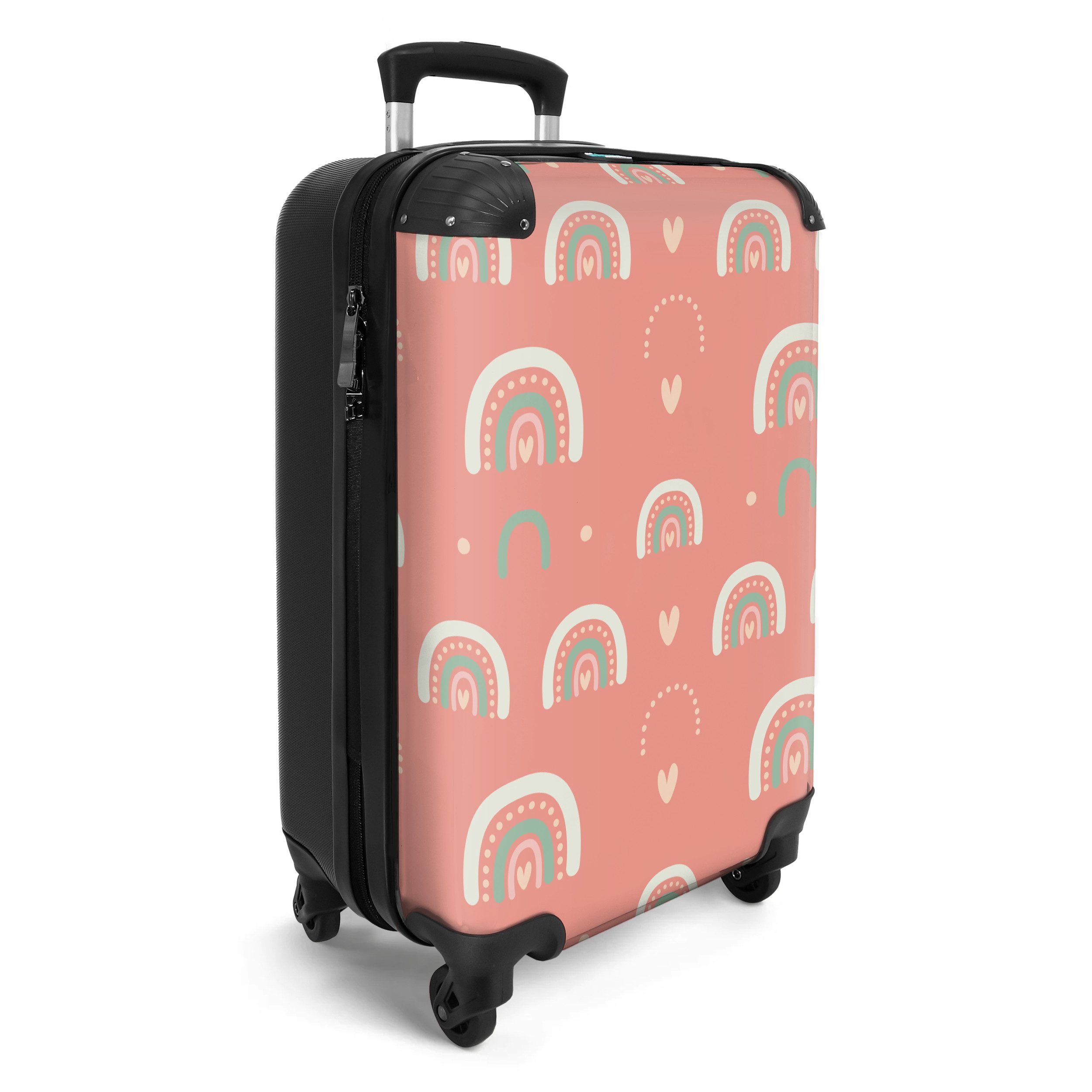 NoBoringSuitcases.com© Kinderkoffer Regenbogen - Herzen - Muster - Mädchen - Rosa - Kinder 55x35x20cm, 4 Rollen, Handgepäck-Koffer, Kinderkoffer, Reisekoffer Mädchen