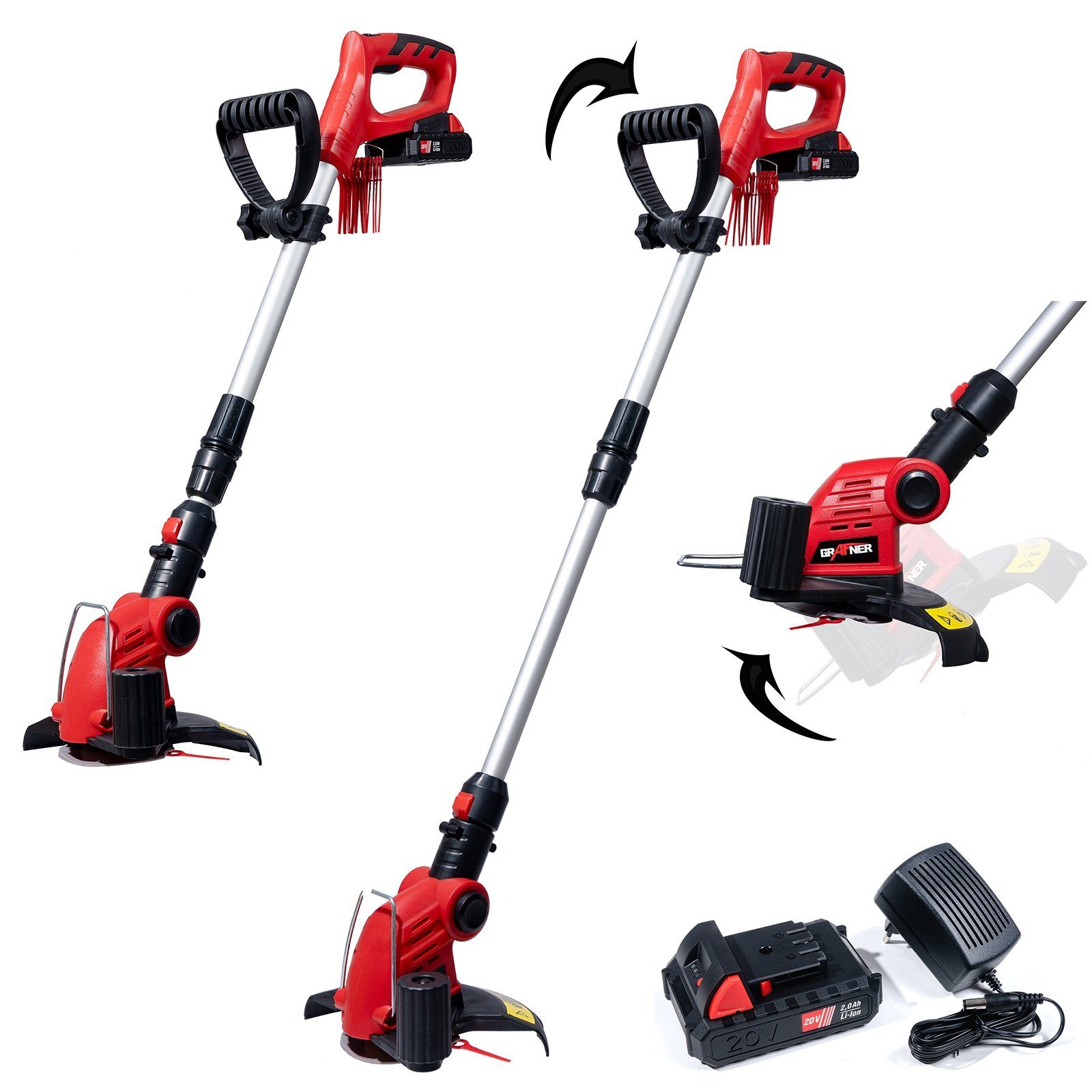 Grafner Akku-Rasentrimmer Akku-Rasentrimmer 20V mit Schnellladegerät Freischneider, 25 cm Arbeitsbreite Messer, Lithium-Ionen-Akku: 20V / 2,0 Ah