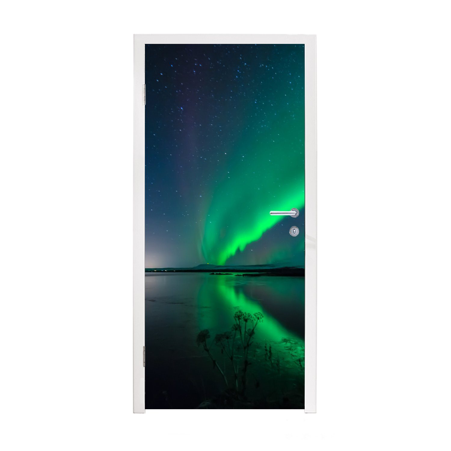 Wasser, bedruckt, für Tür, Matt, cm - - MuchoWow 75x205 Grün Fototapete (1 - Türtapete - Sternenhimmel St), Nordlicht Türaufkleber, Island