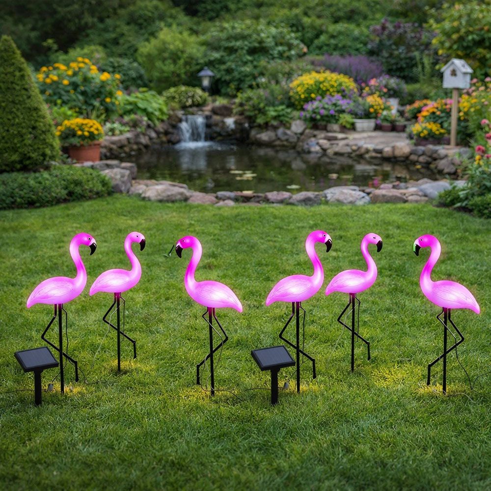 Haushalt International LED Solarleuchte, LED-Leuchtmittel fest verbaut, Warmweiß, 6x Solar Steckleuchte Gartenfigur LED Deko Flamingo