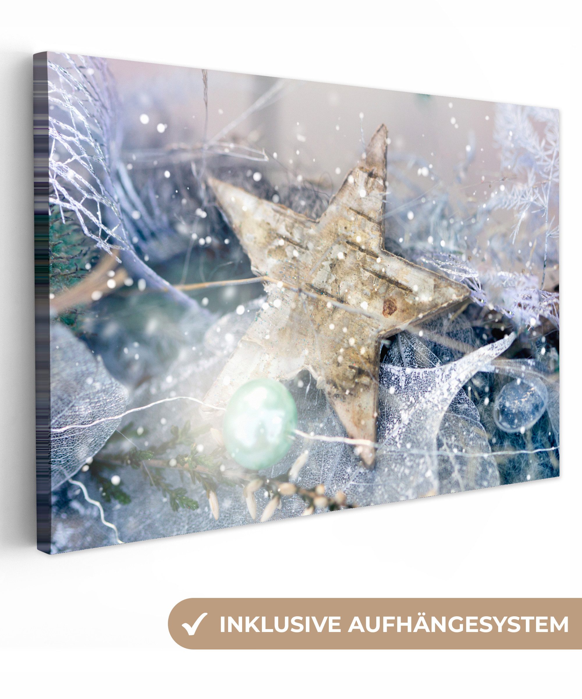 OneMillionCanvasses® Leinwandbild Ein Weihnachtsstern mit schwarzem Eis, Fotodruck (1 St), Leinwand Bilder Klein, Wand Dekoration Aesthetic 30x20 cm