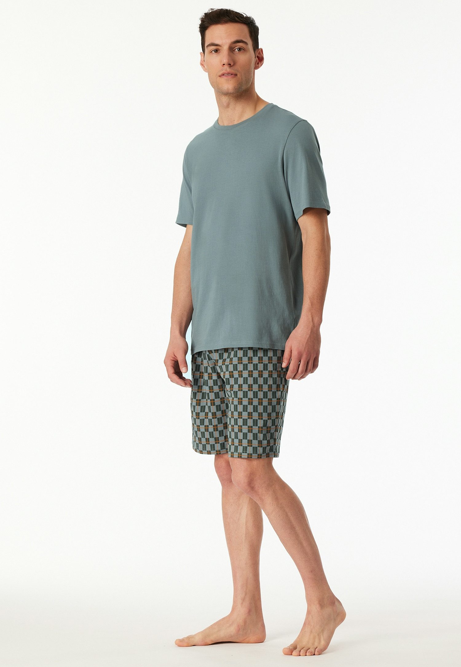 Schiesser Shorty Casual Essentials (2 tlg) mit unifarbenem Oberteil und gemusterter Hose