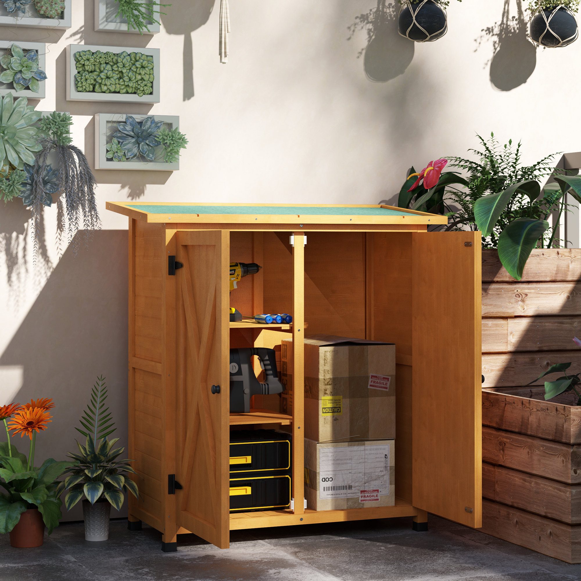 Outsunny Gerätehaus Gartenschrank Holz, Geräteschuppen wetterfest, Pultdach, Ablagen, BxT: 110x55 cm, (Gartenschrank, 1 St., Geräteschuppen aus Holz), für Garten, Terrasse, 110 x 55 x 117 cm, Gelb