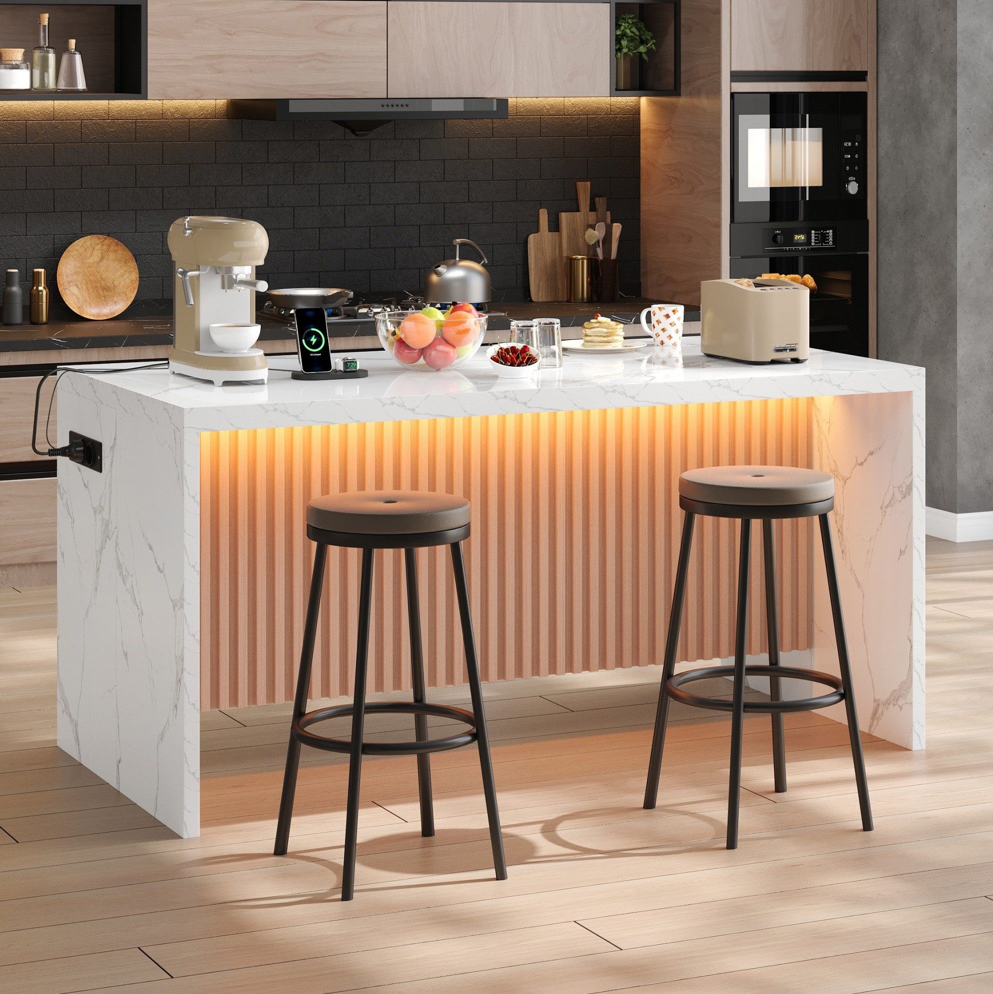 OKWISH Kücheninsel Küchenmöbel mit 2 Steckdosen und 2 USB Anschlüssen, (Arbeitsplatte 40 mm im Industrial Stil für moderne Küche), 155×80×90 cm Küchenblock mit weißer Marmorfront und LED