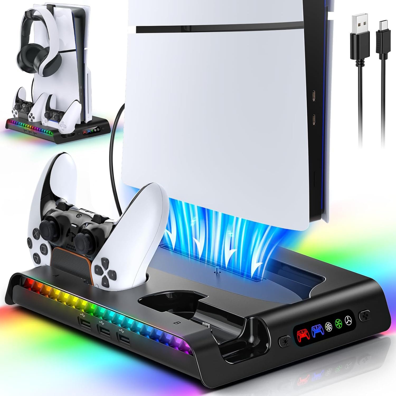 TUWENA Standfuß für PS5 Pro/PS5 Slim, LED Controller Ladestation Zubehör PlayStation 5-Controller (kompatibel mit Playstation5 Pro/Slim Digital/Disc Edition)