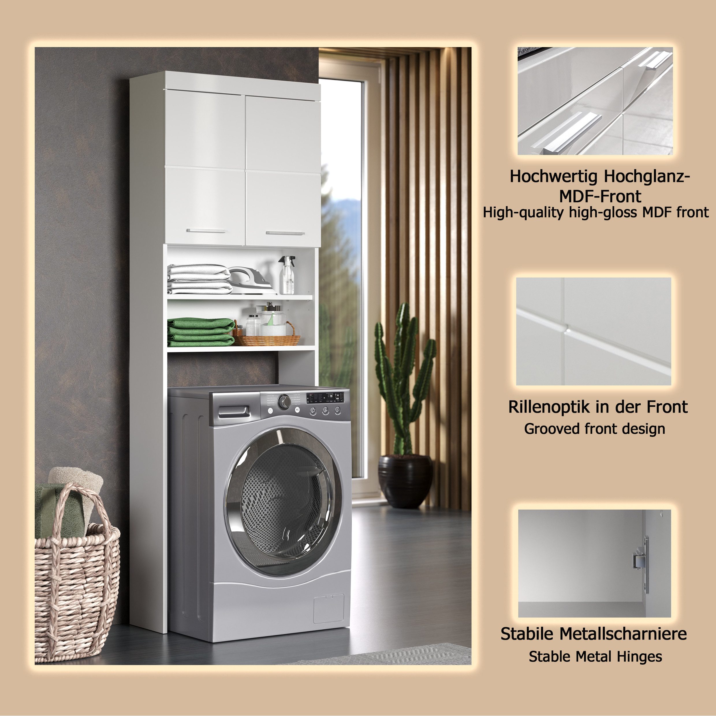 welltime Waschmaschinenumbauschrank Avena Waschmaschinenüberbau mit 2 Fächern - (B/T/H) 63/24/187 cm