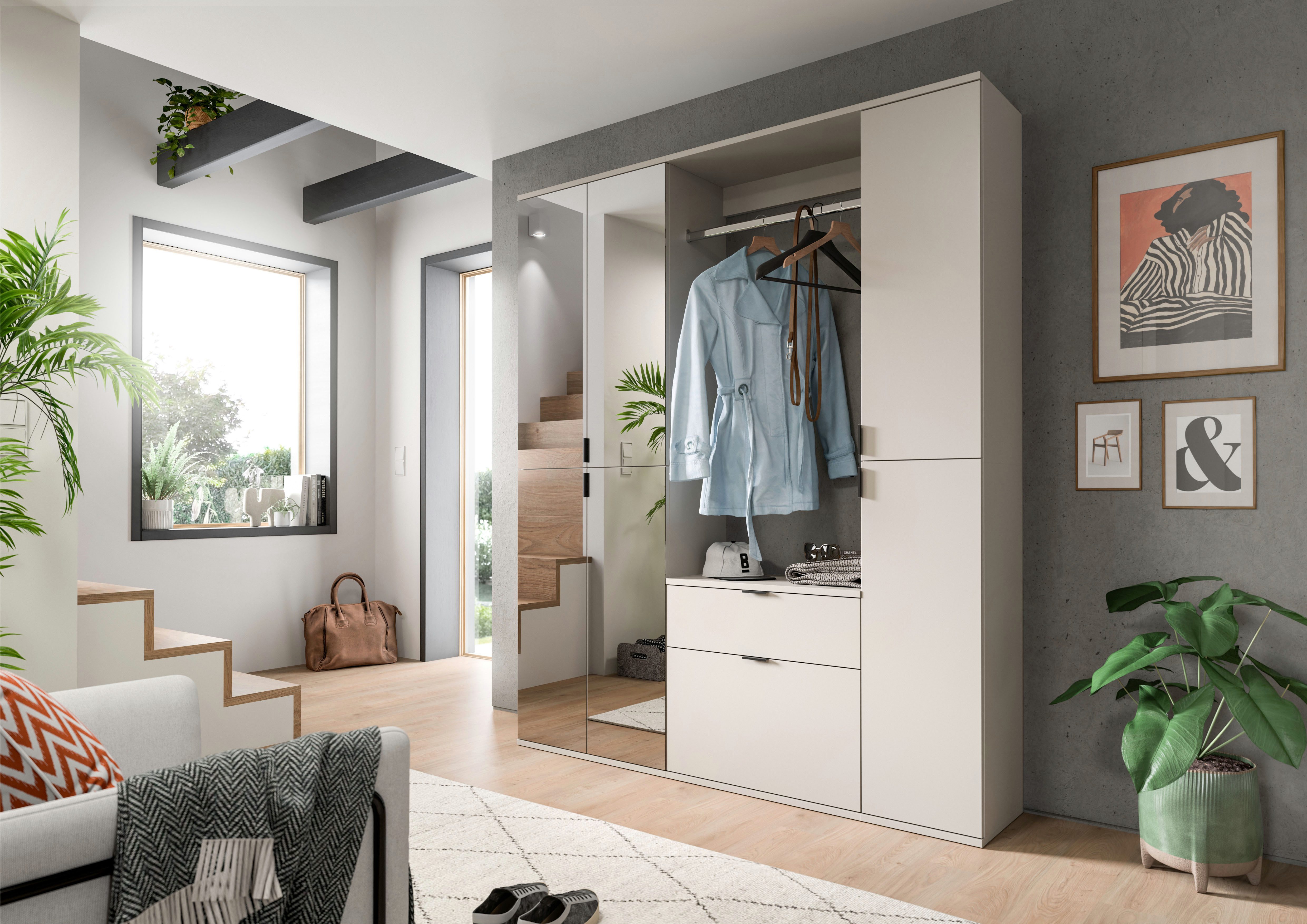 Home affaire Garderoben-Set TRONDHEIM, 5-teilig, Breite 152cm, individuell platzier- & erweiterbar, (Set, 4-St., bestehend aus: 2x Garderobenschrank & 3-tlgs. Zwischenbauelement), Garderobenschrank, Kleiderschrank, Schrankkombination, Garderobe