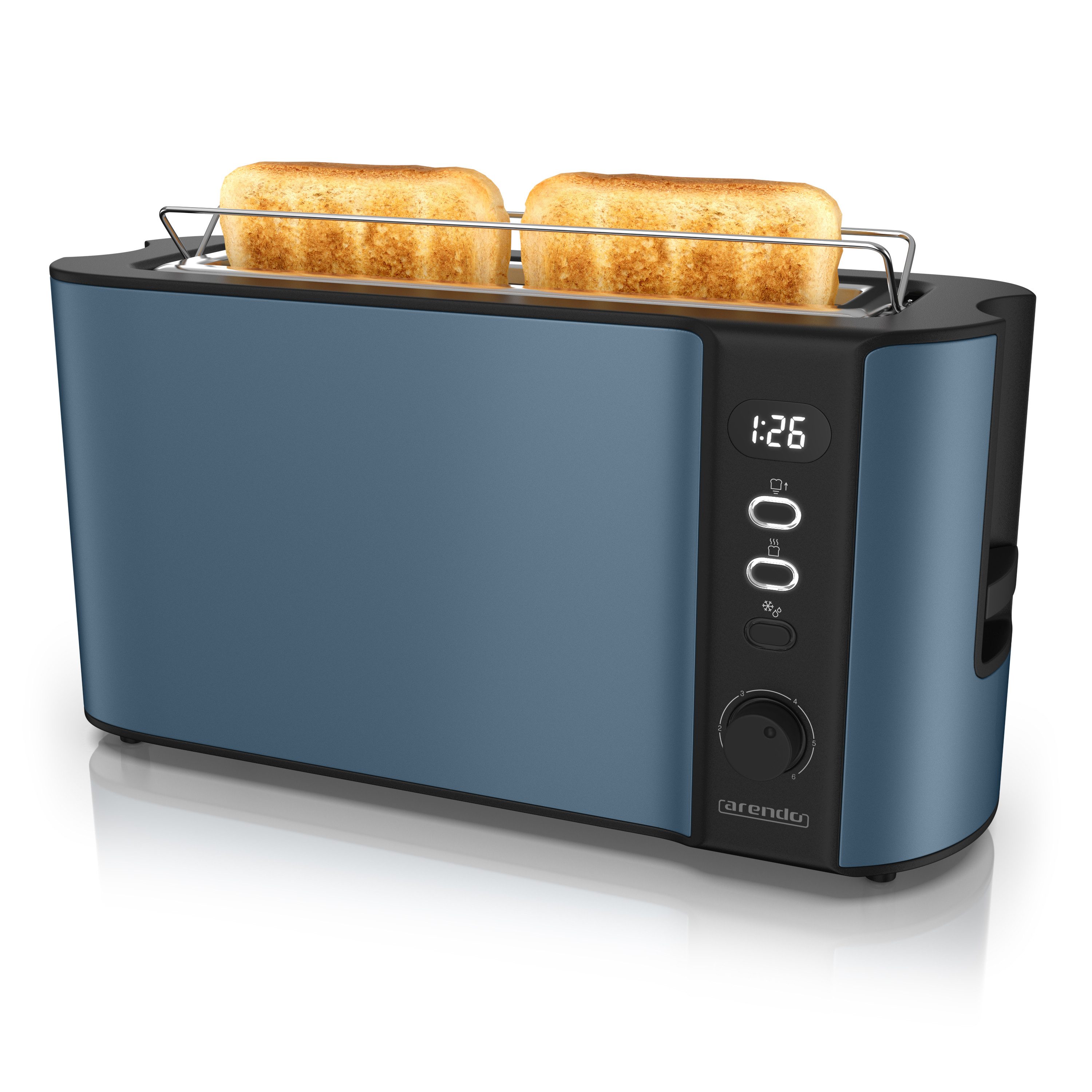 Arendo Toaster Edelstahl, Langschlitz, Display mit Restzeitanzeige, Brötchenaufsatz, 1 langer Schlitz, für 2 Scheiben, 1000 W, Defrost Funktion, Wärmeisolierendes Gehäuse, Krümelschublade