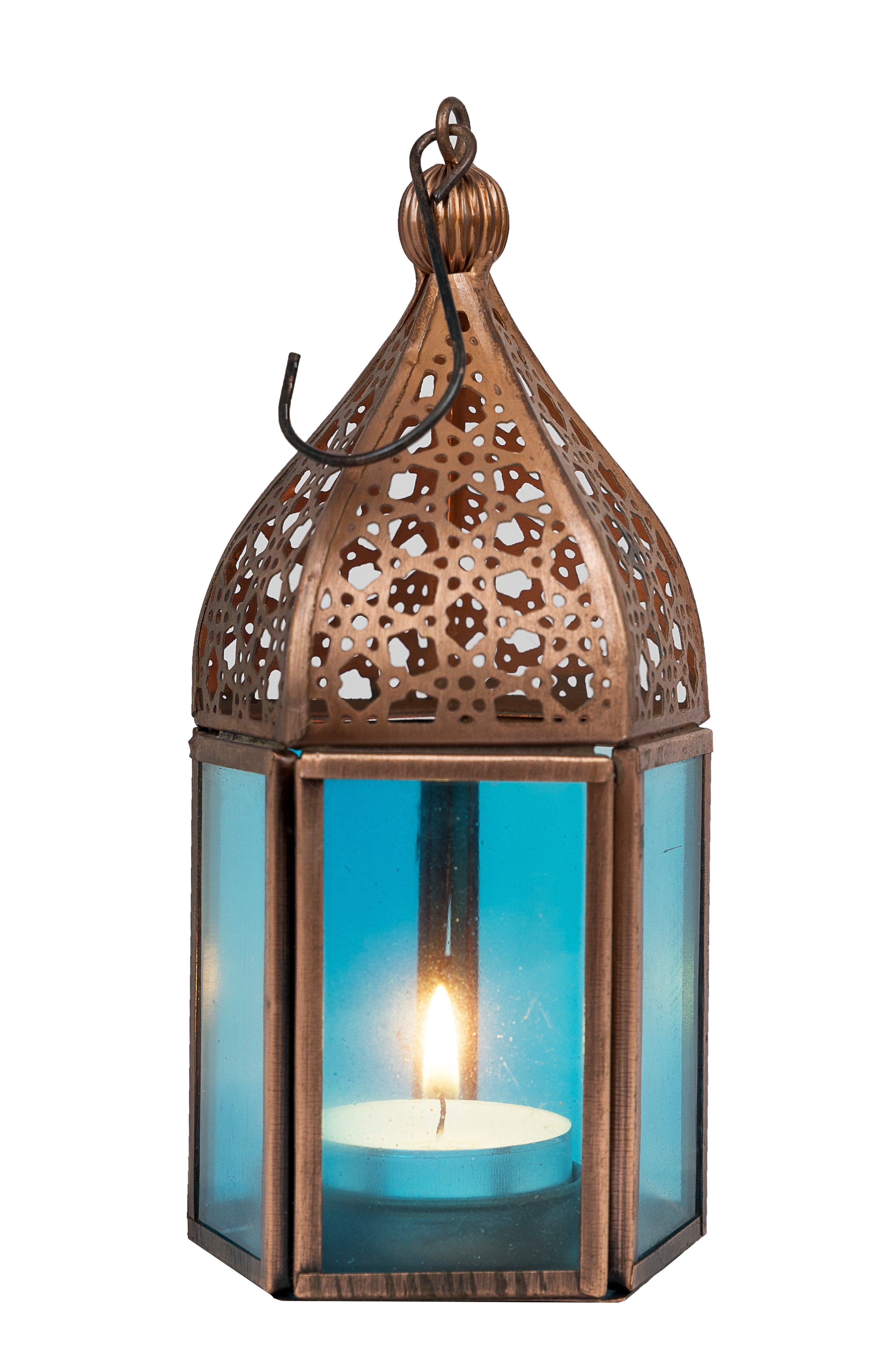 Marrakesch Orient & Mediterran Interior Teelichthalter Windlicht Laterne Meena Blau Metall kupfer 16 cm marokkanische Deko (1 St), Handarbeit