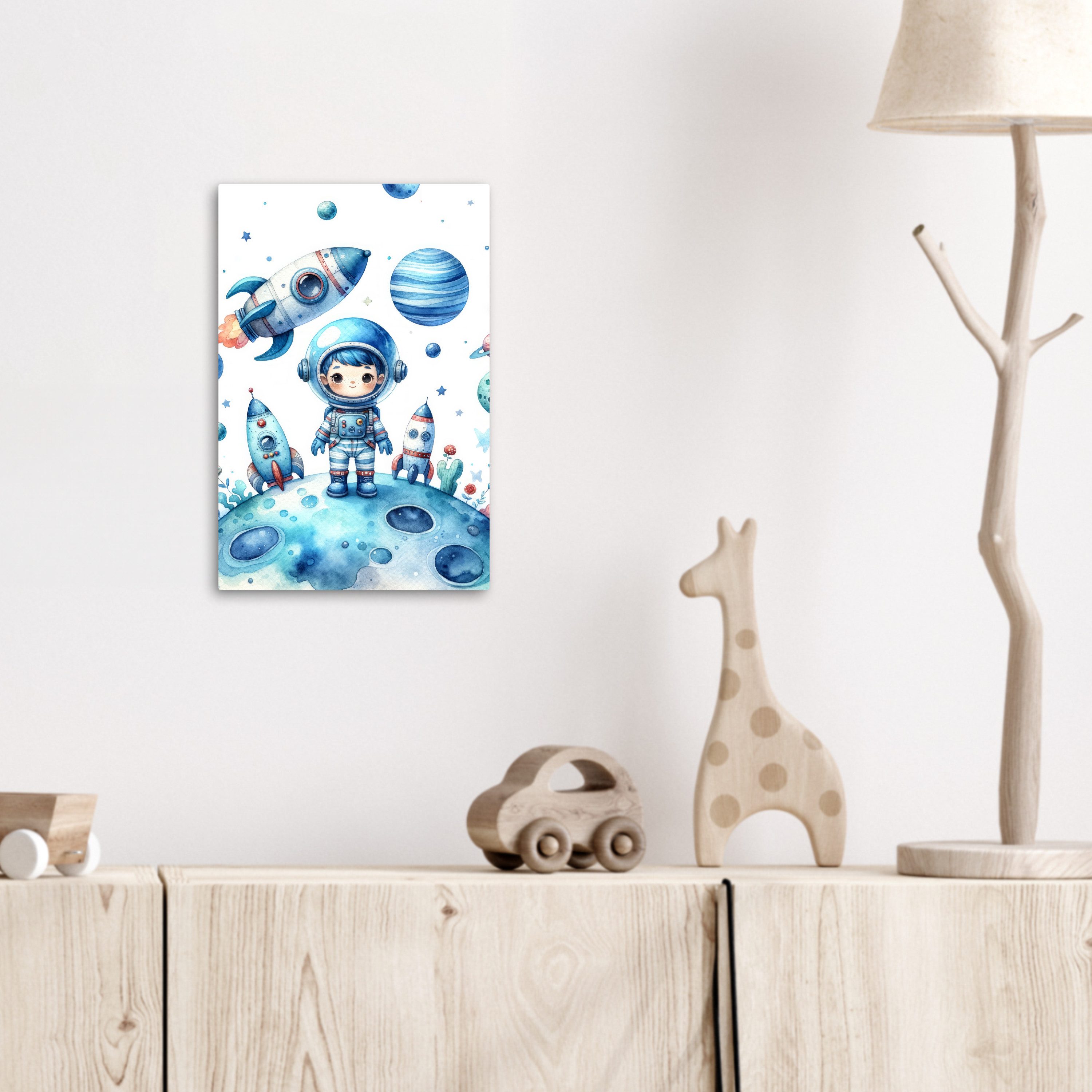 OneMillionCanvasses® Leinwandbild Weltraum - Blau - Astronaut - Rakete - Planeten, Fotodruck (1 St), Kinderzimmer Deko, Mädchen und Jungen Bilder 20x30 cm