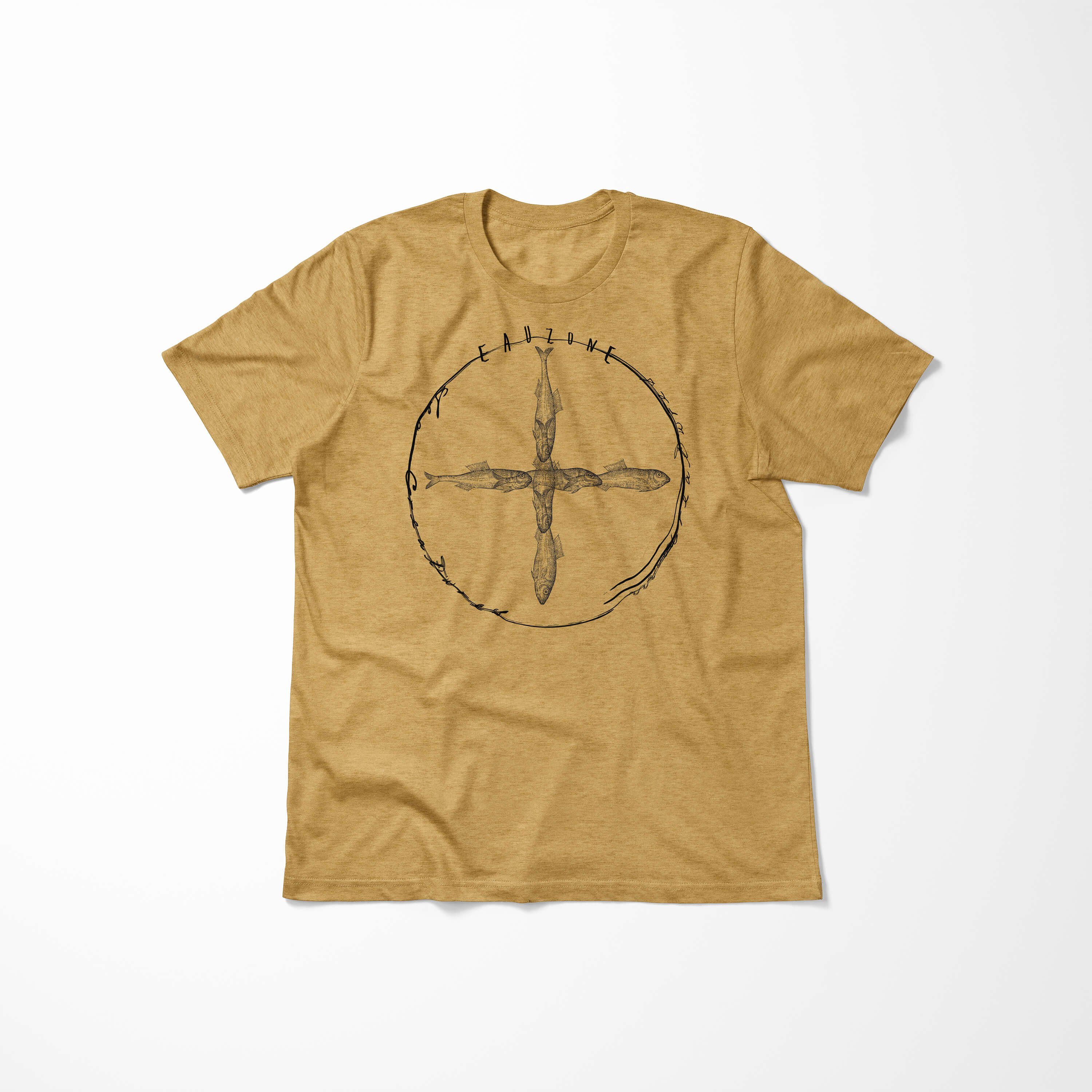 Sinus Art Serie: Creatures, Struktur Schnitt T-Shirt / Antique Sea sportlicher und T-Shirt - 021 Tiefsee feine Sea Gold Fische