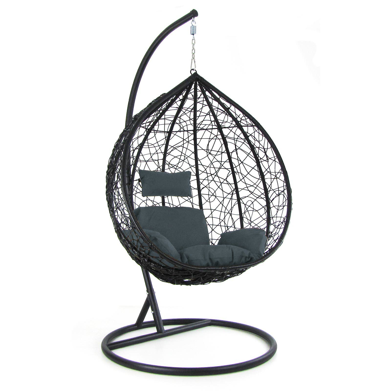 Hängesessel Luxus Schaukel Korb Polyrattan mit Gestell Schwarz Kissen Grau XXL